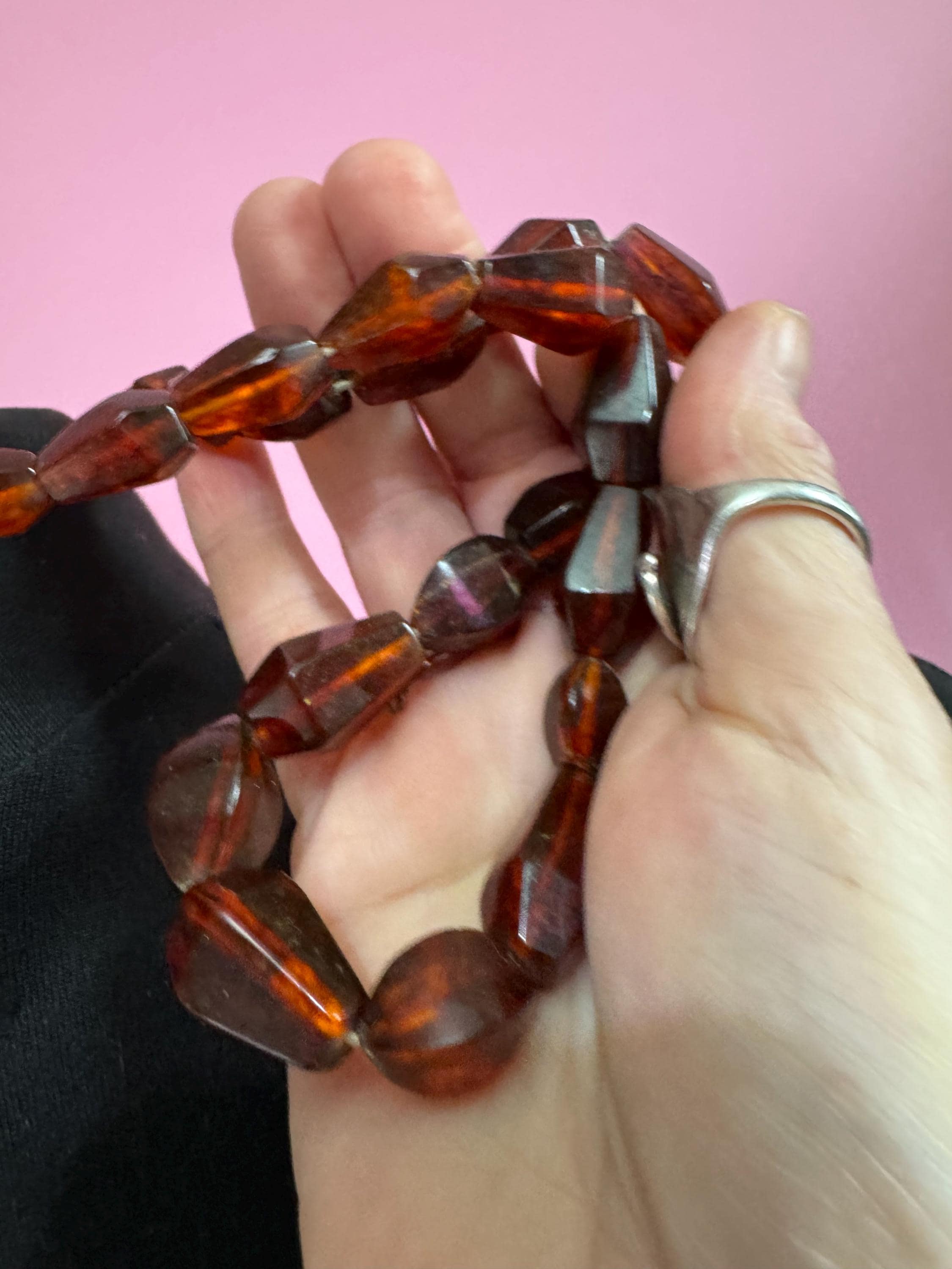 Long Faux Amber orange brown beaded necklace, plastic beads