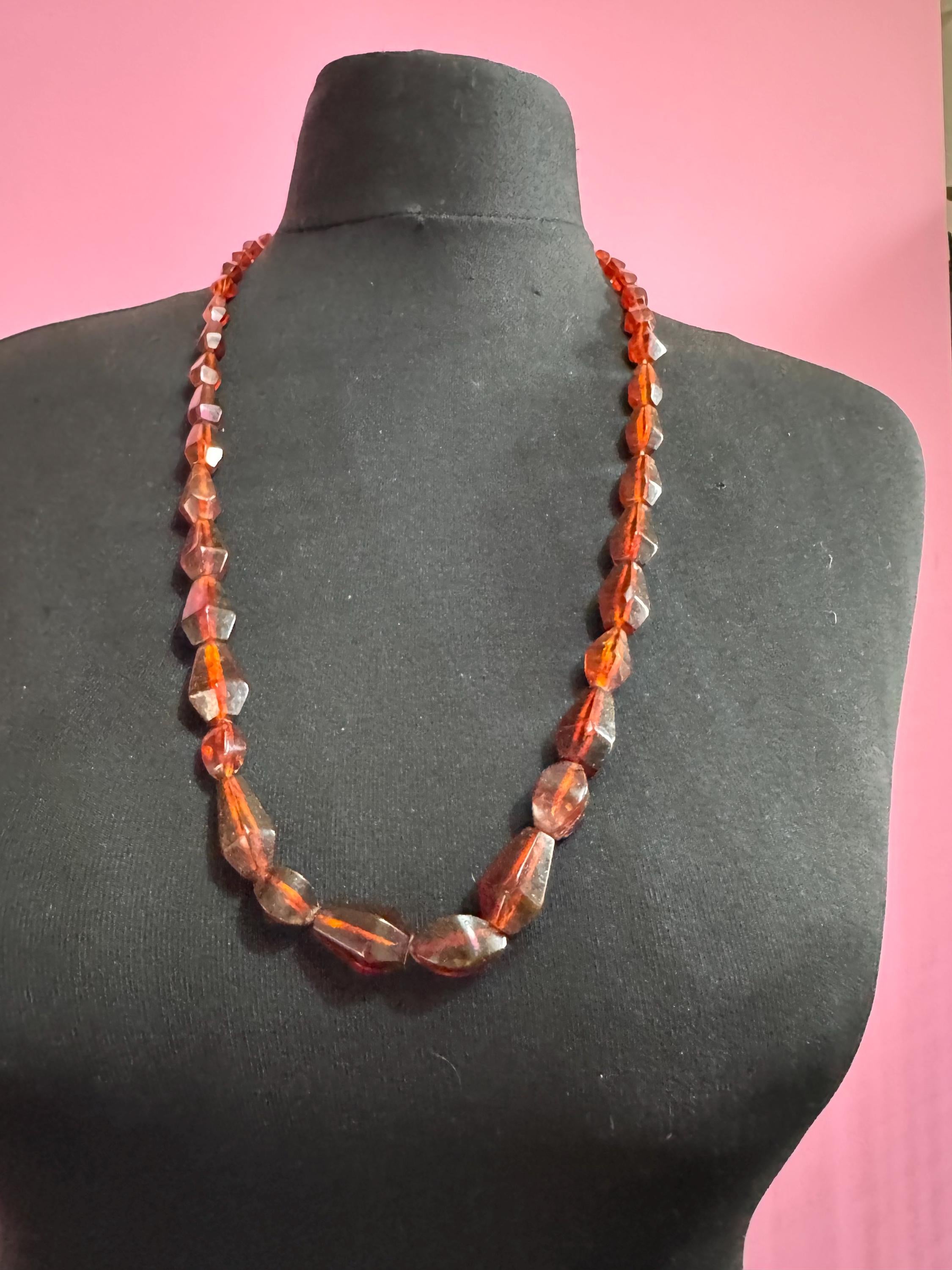 Long Faux Amber orange brown beaded necklace, plastic beads
