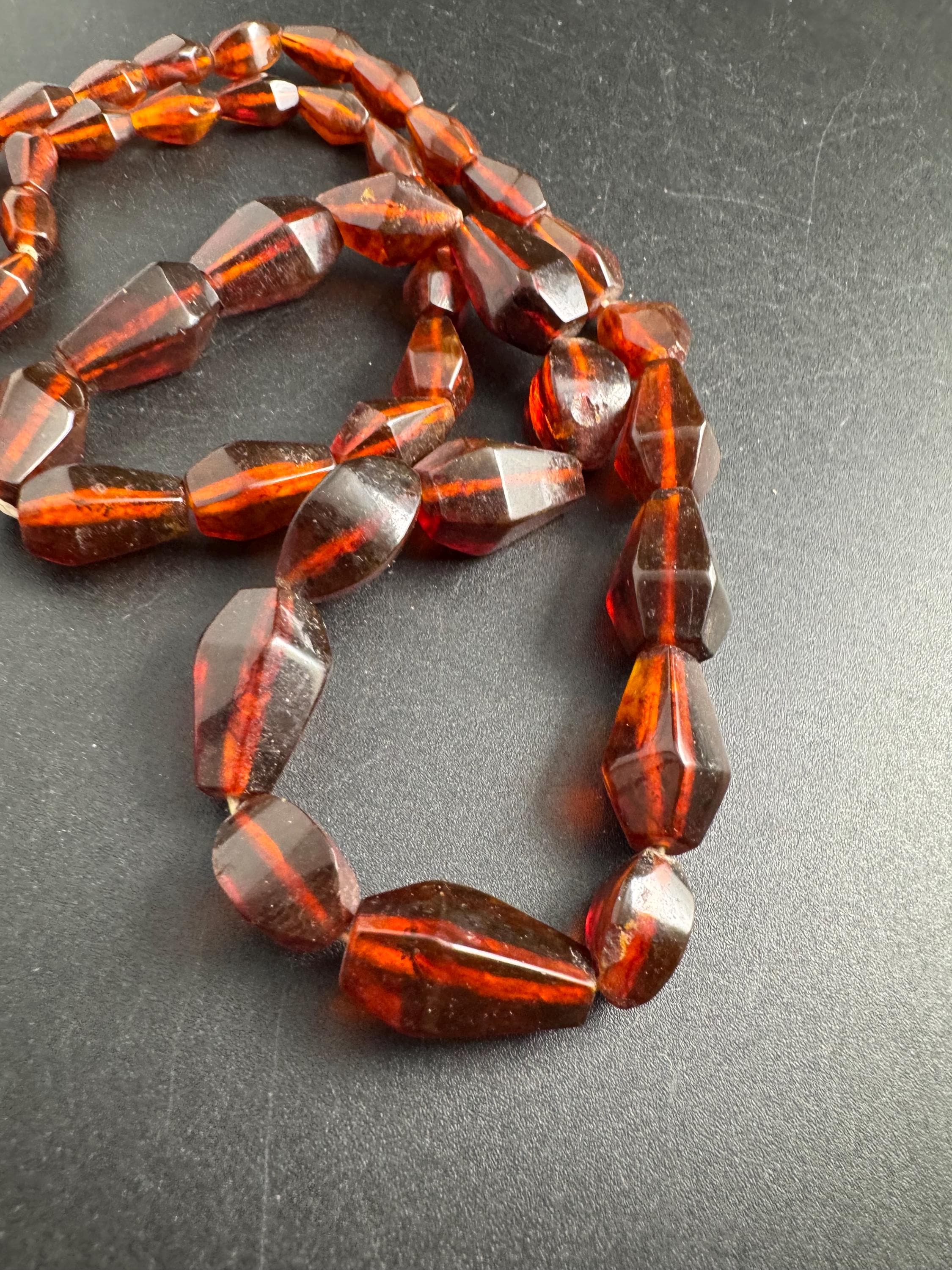 Long Faux Amber orange brown beaded necklace, plastic beads