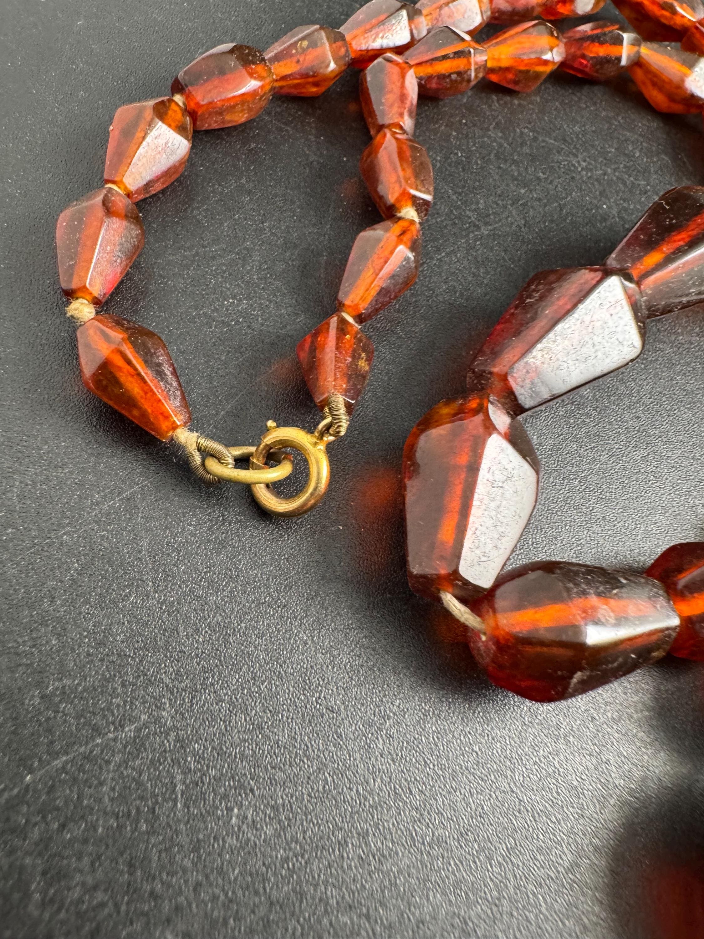 Long Faux Amber orange brown beaded necklace, plastic beads