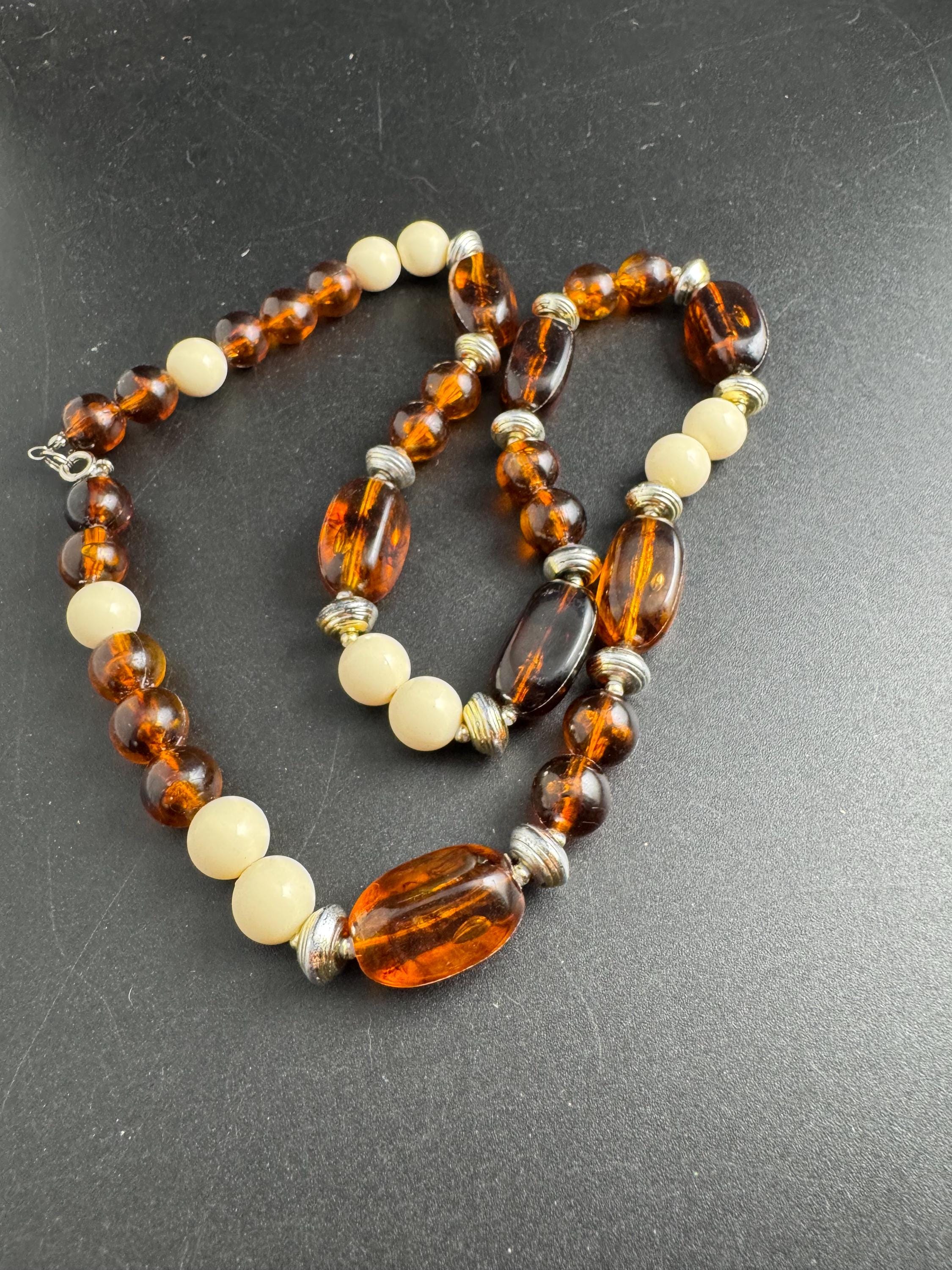 Faux tortoiseshell brown cream necklace, plastic beads