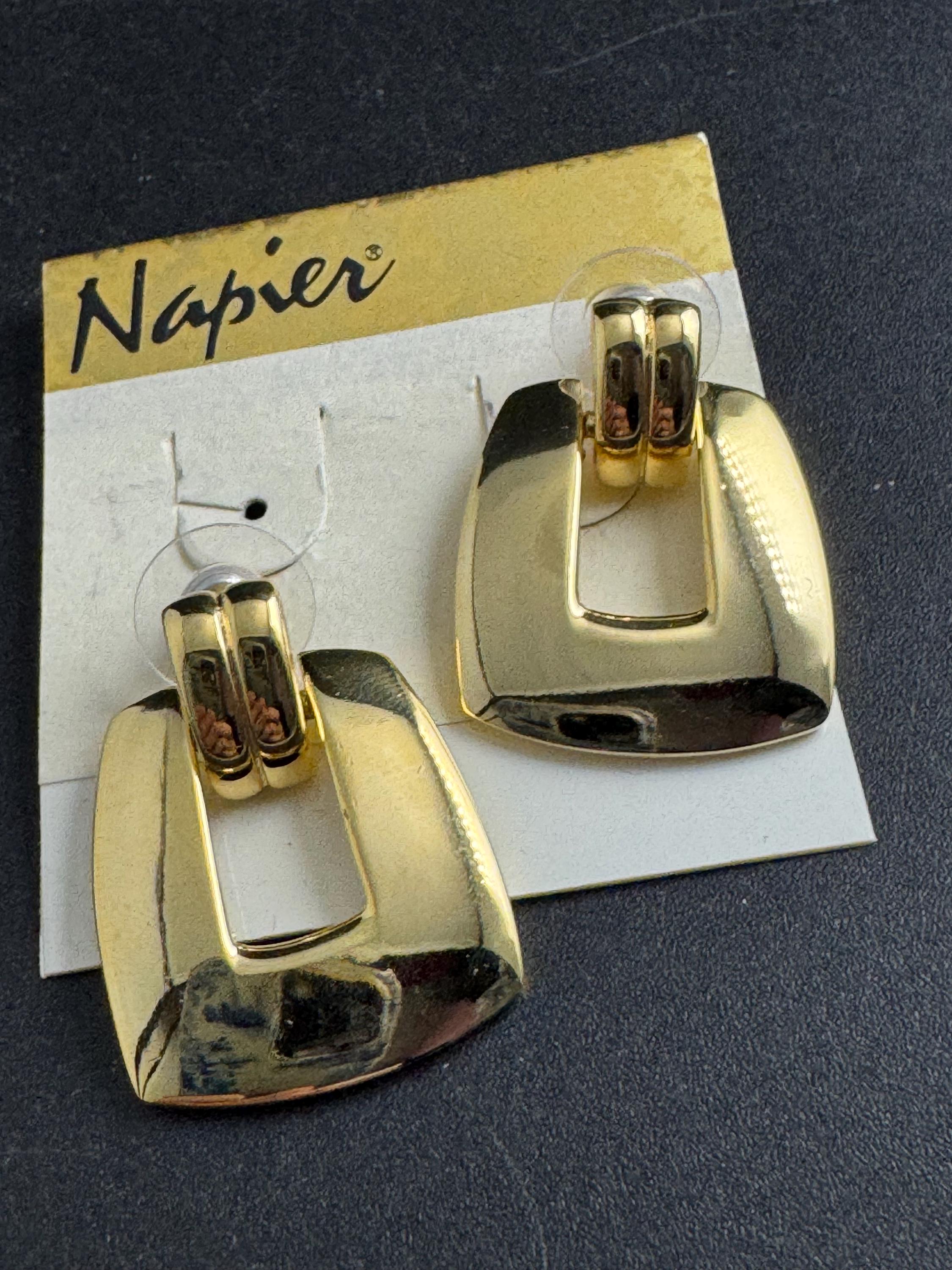 NAPIER door knocker earrings, signed vintage and heavy gold plated for pierced ears, designer