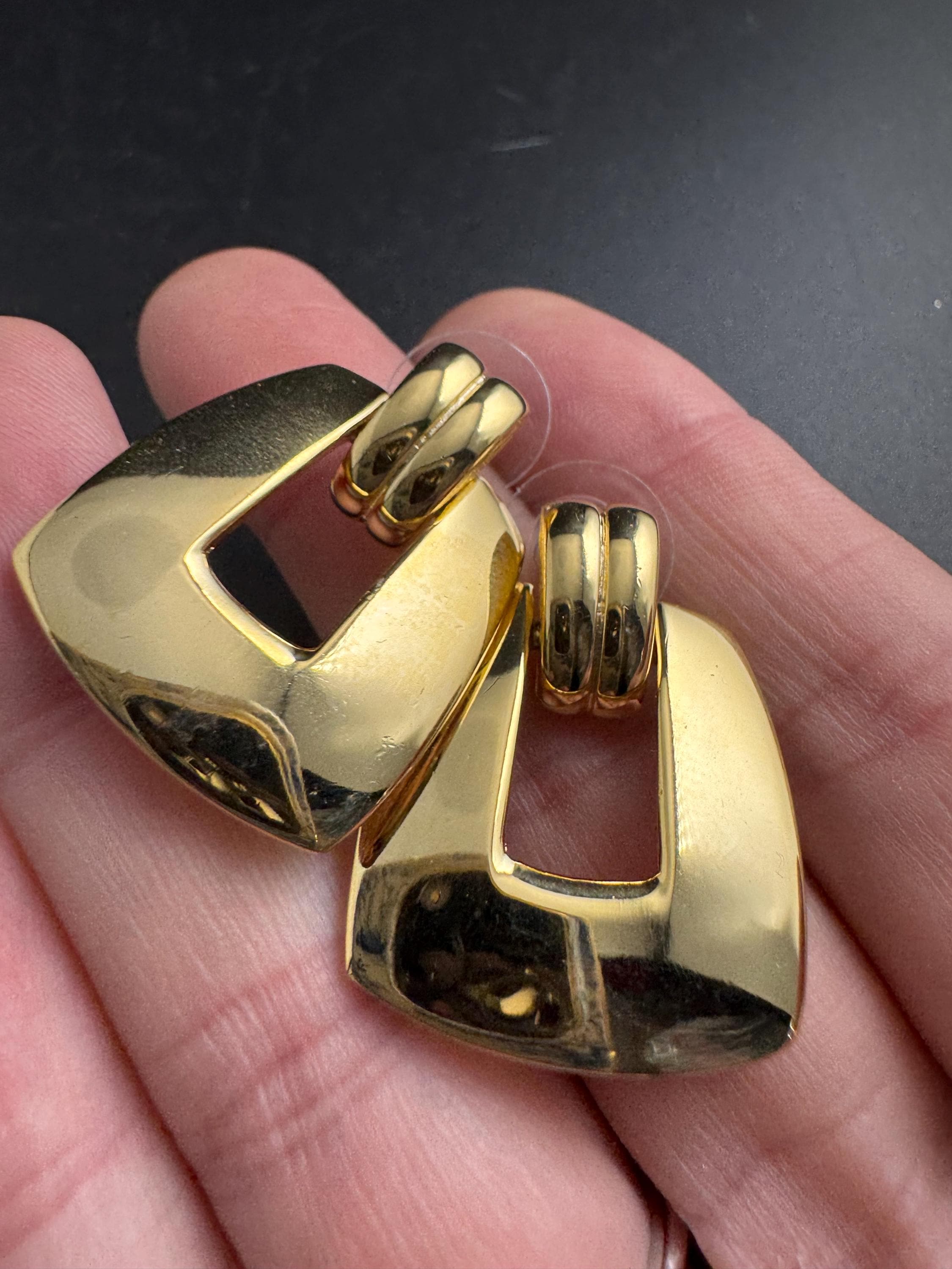 NAPIER door knocker earrings, signed vintage and heavy gold plated for pierced ears, designer