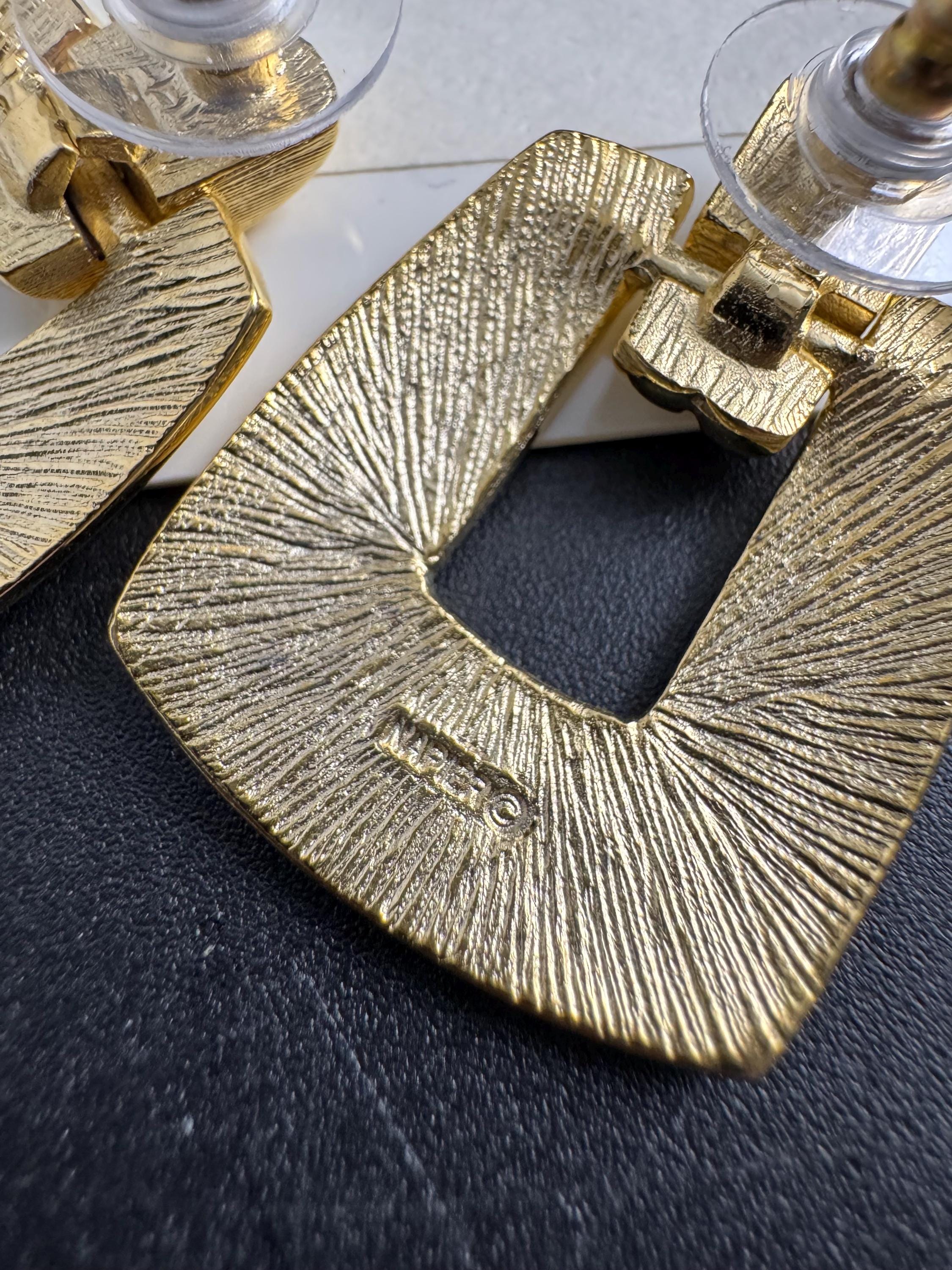 NAPIER door knocker earrings, signed vintage and heavy gold plated for pierced ears, designer