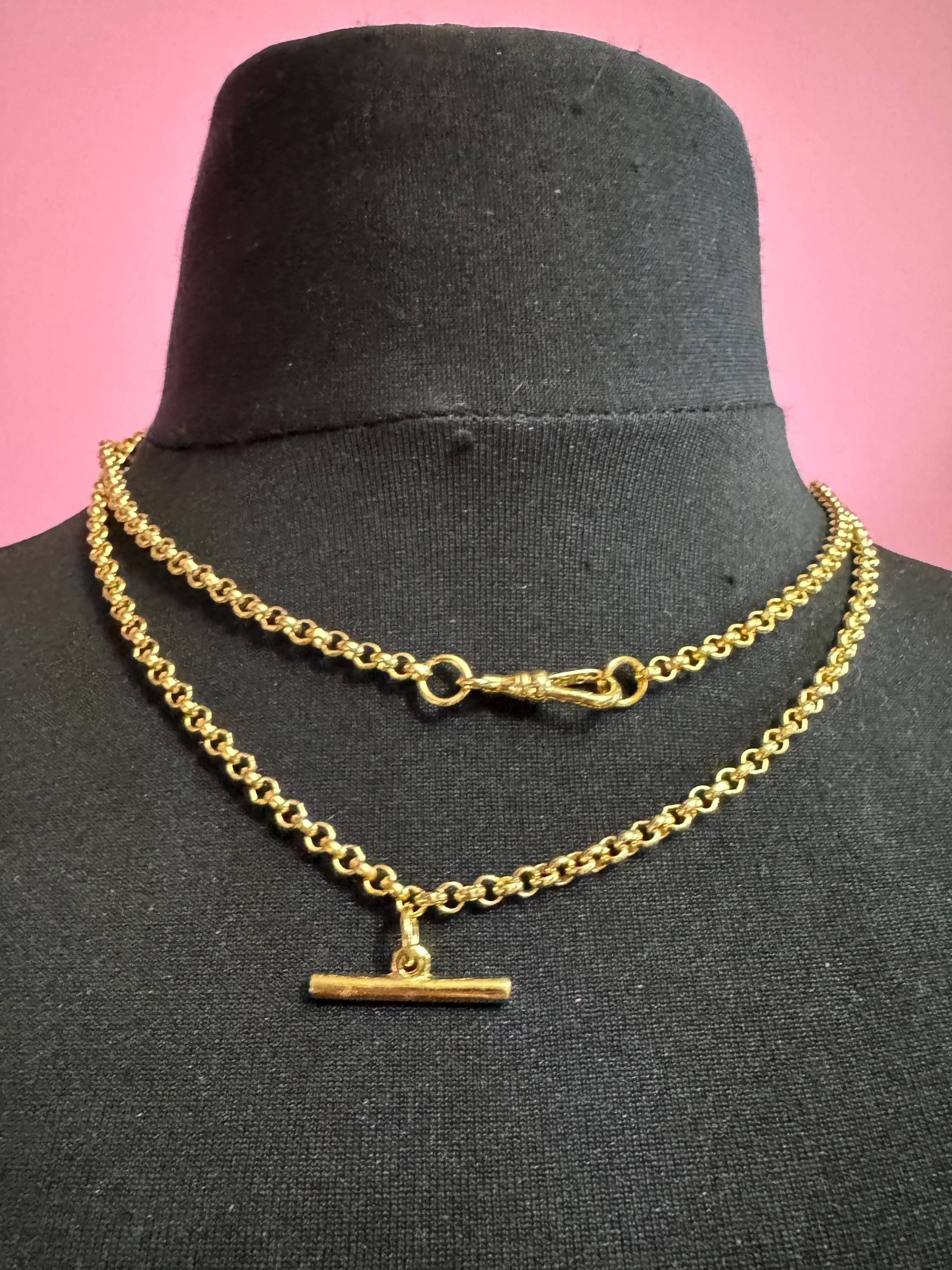 T Bar watch chain necklace, retro Victorian style gold plated chain