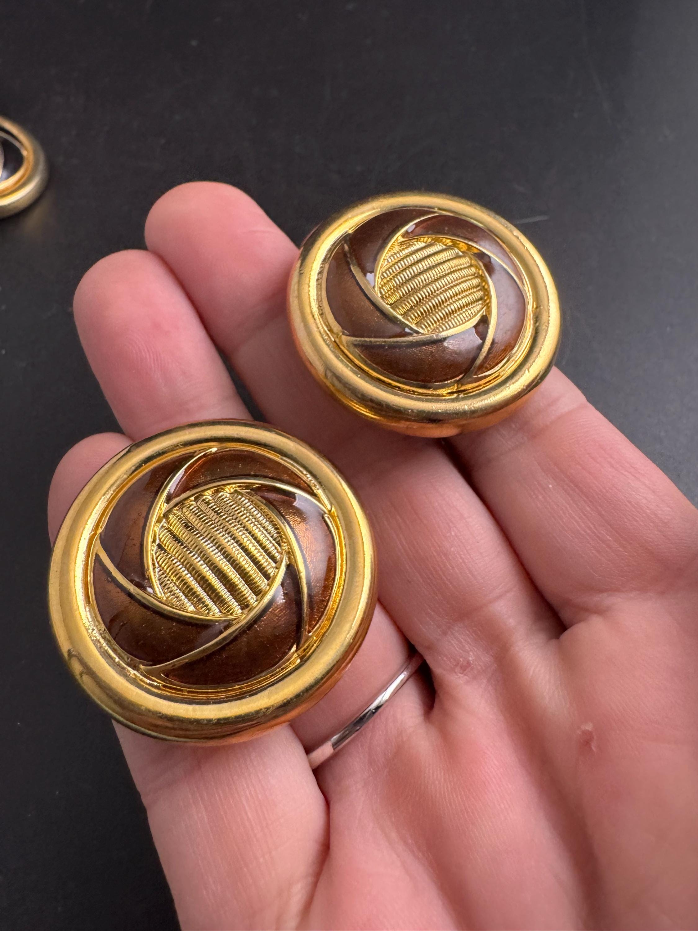 Vintage French Clip On Earrings: brown Enamel Gold Tone, 1960s