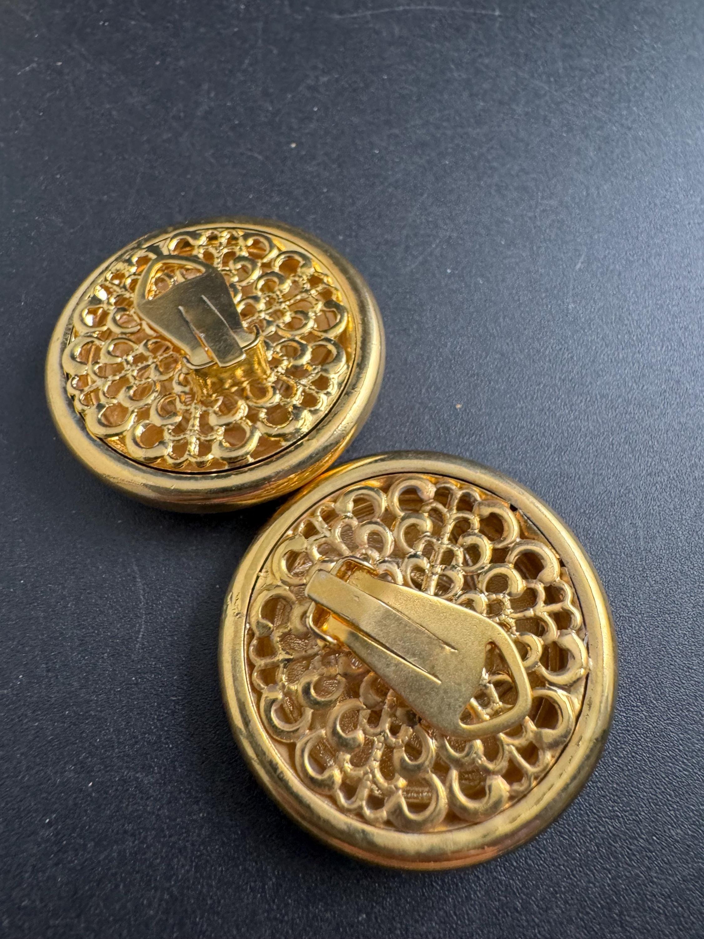 Vintage French Clip On Earrings: brown Enamel Gold Tone, 1960s