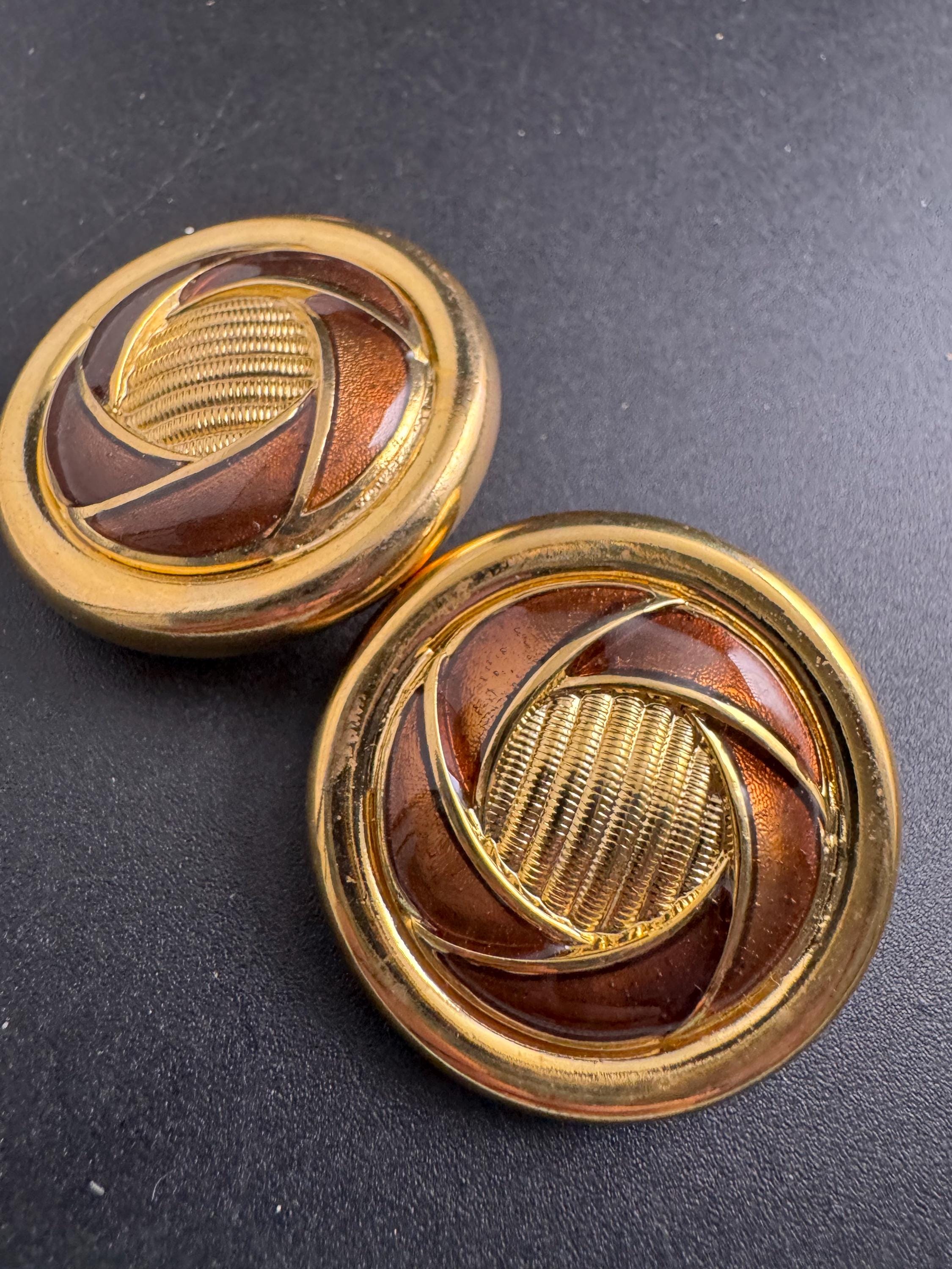 Vintage French Clip On Earrings: brown Enamel Gold Tone, 1960s
