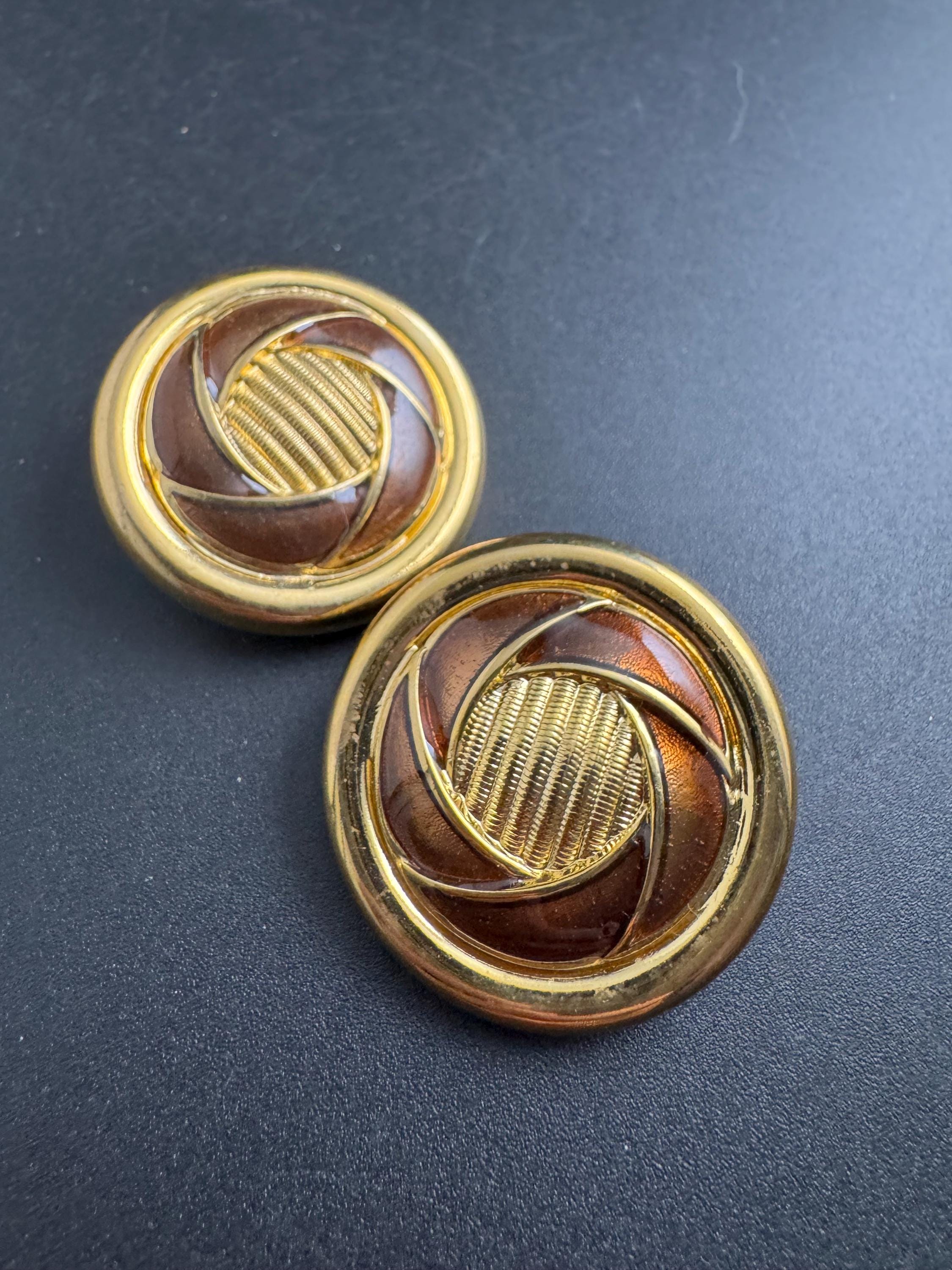 Vintage French Clip On Earrings: brown Enamel Gold Tone, 1960s