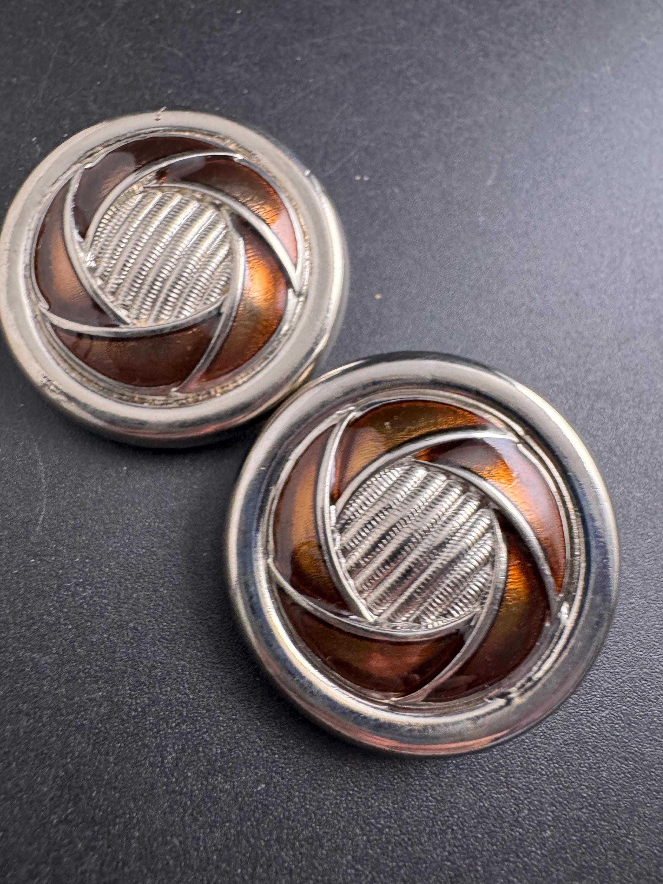French Brown Enamel Clip On Earrings, silver tone 1960s Vintage