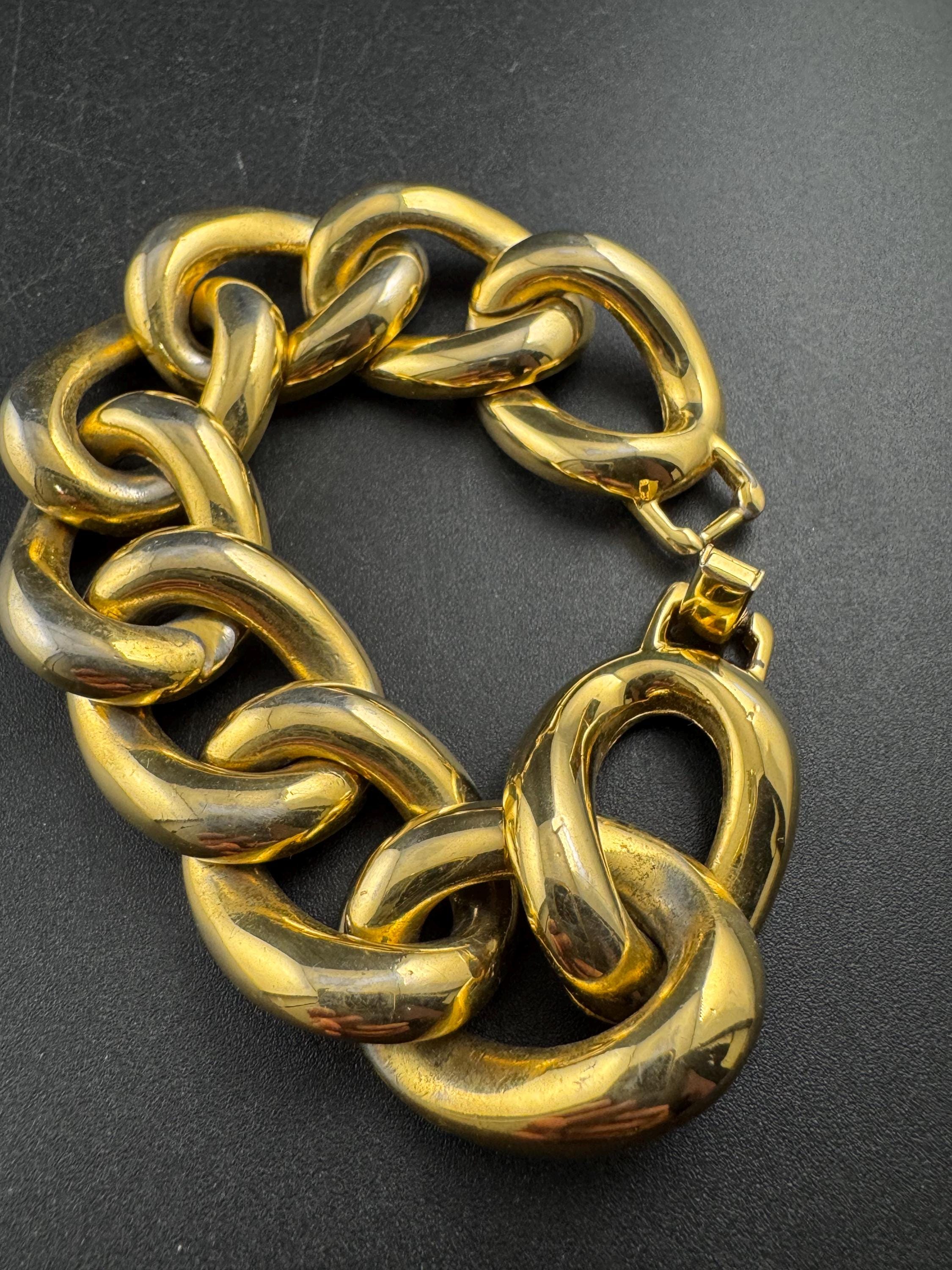 KJL chunky curb chain bracelet, wide gold tone and signed, Kenneth Jay Kane
