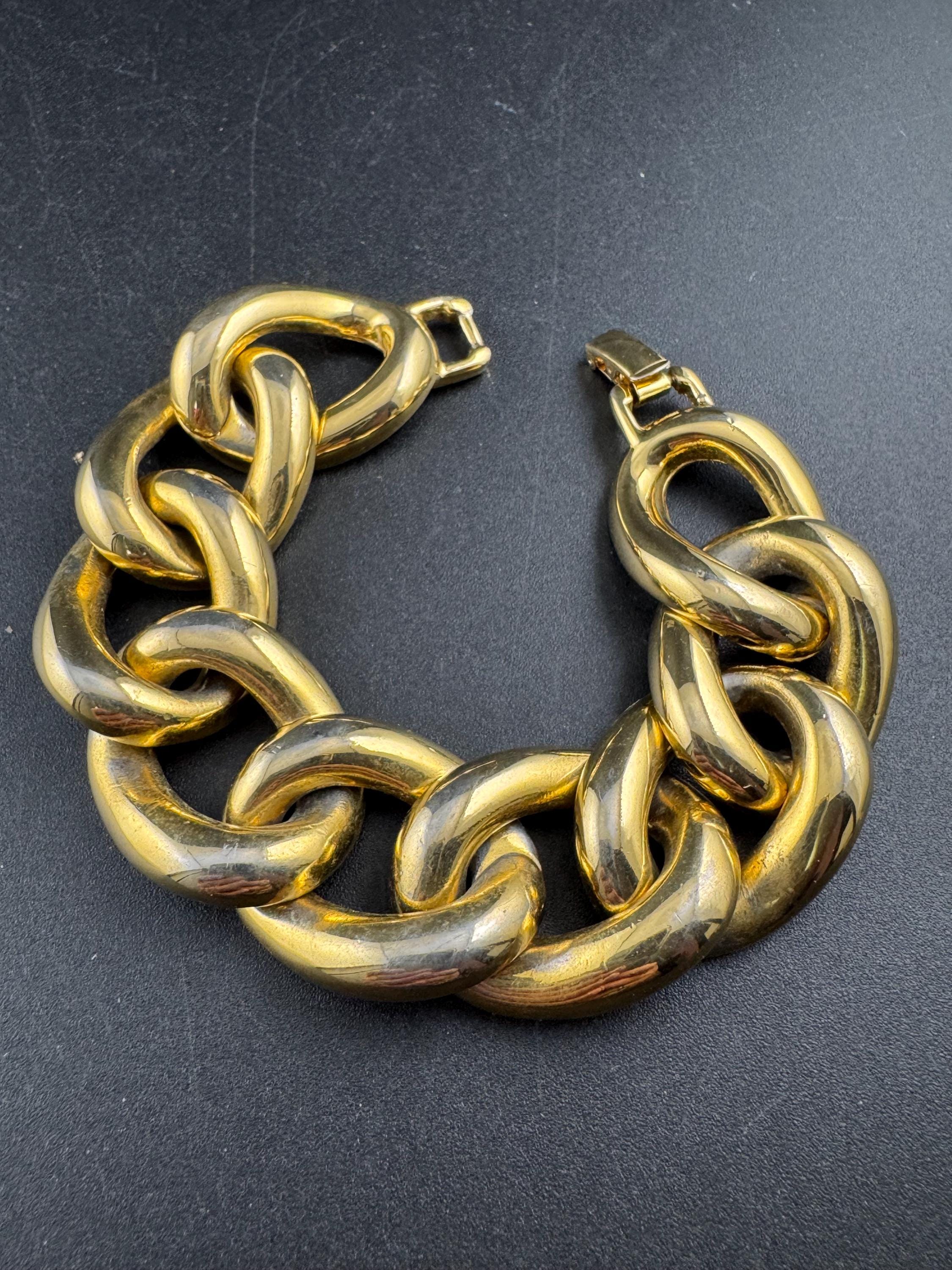 KJL chunky curb chain bracelet, wide gold tone and signed, Kenneth Jay Kane