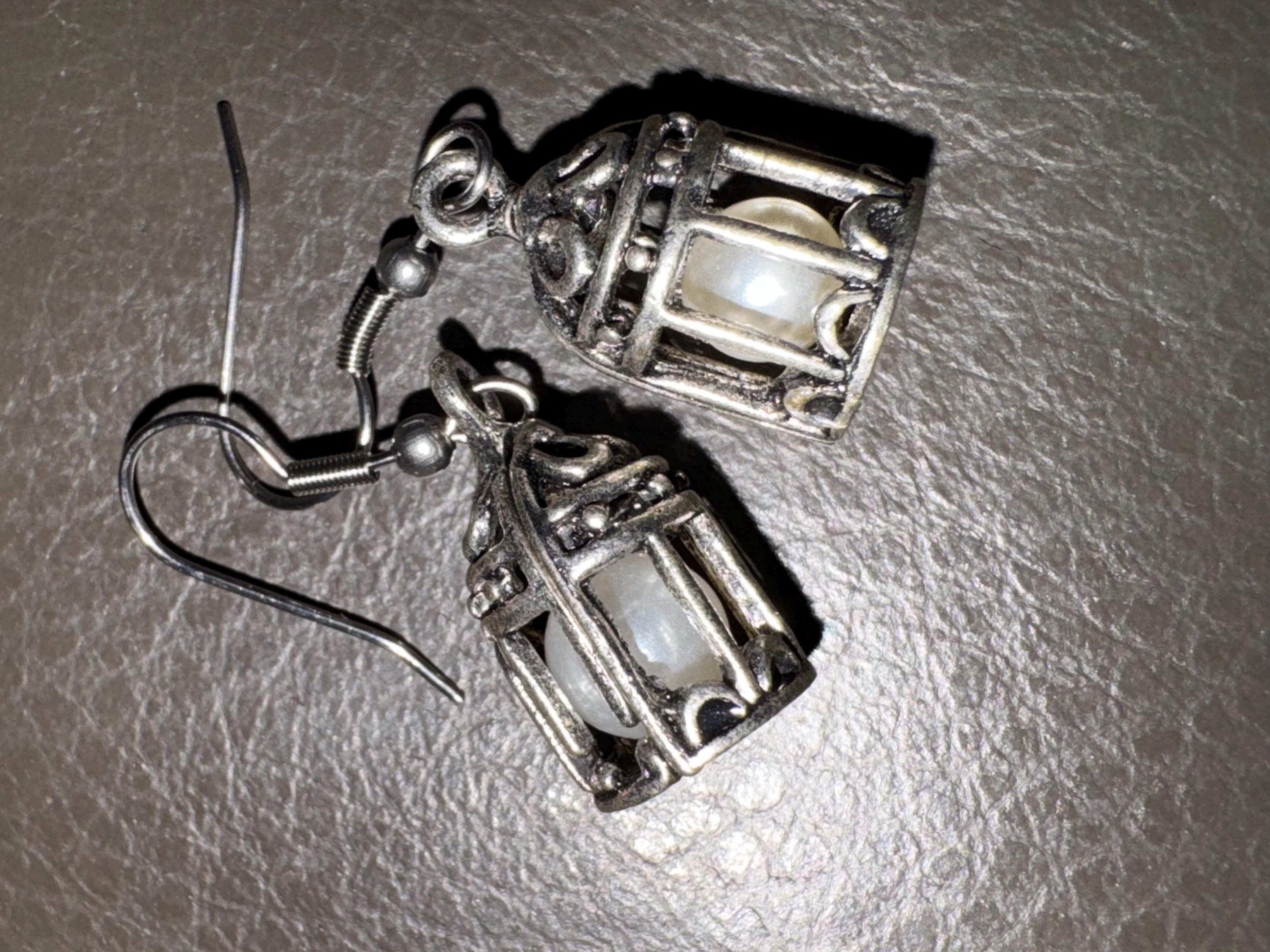Silver and pearl birdcage earrings, for pierced ears