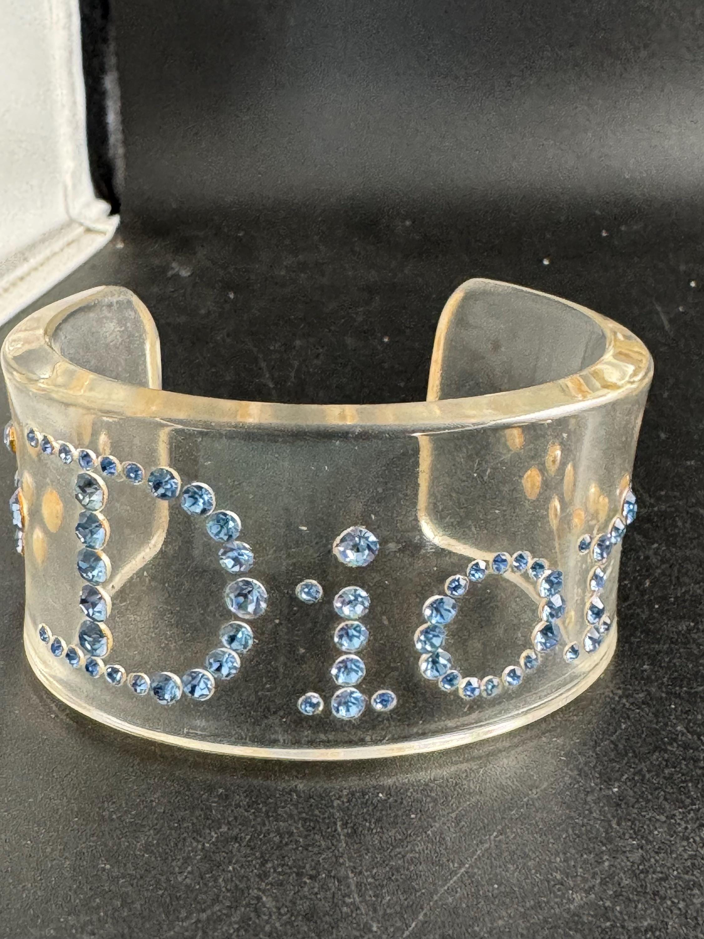 Christian Dior blue rhinestone clear acrylic cuff bangle , designer bracelet
