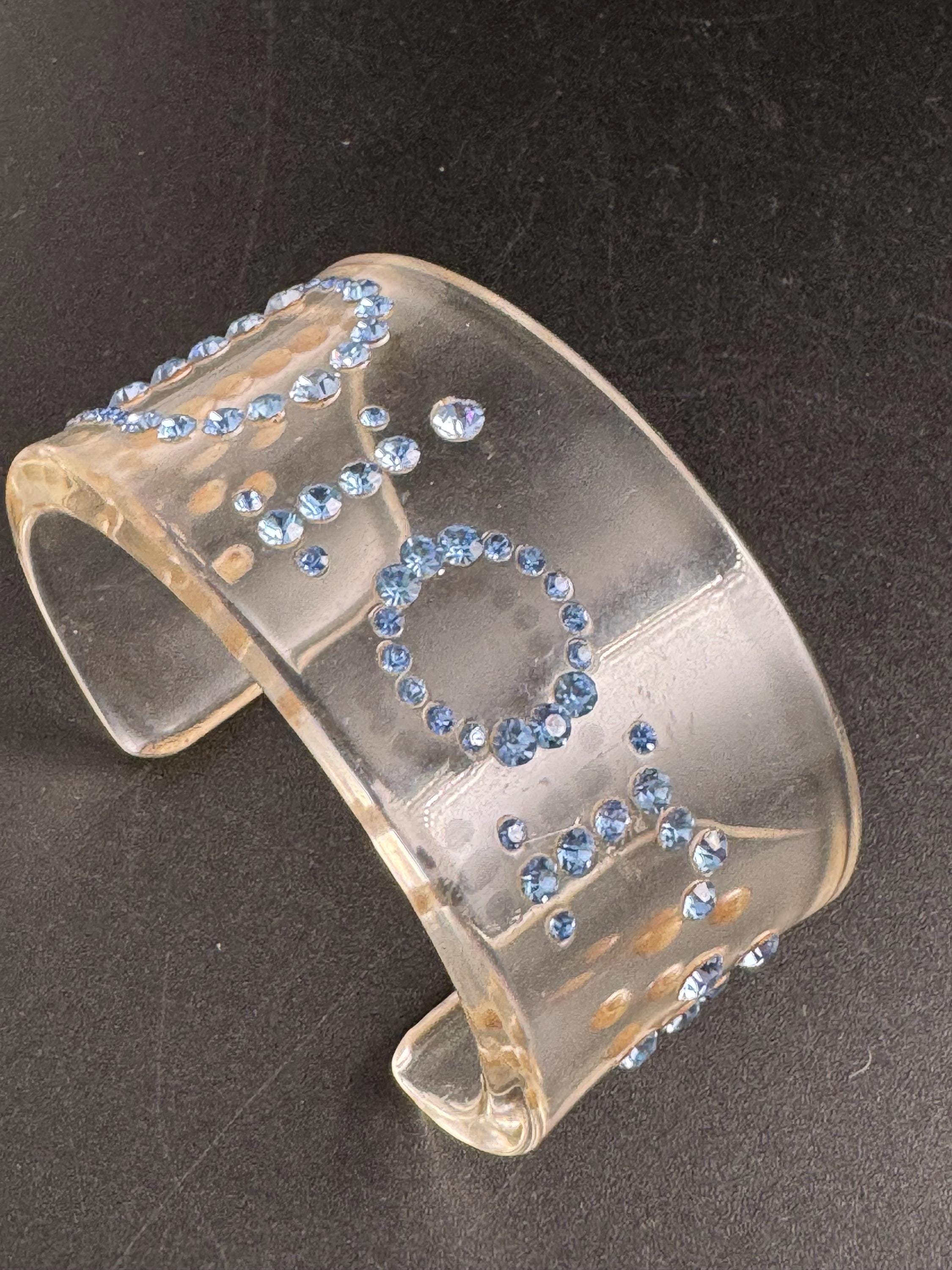 Christian Dior blue rhinestone clear acrylic cuff bangle , designer bracelet