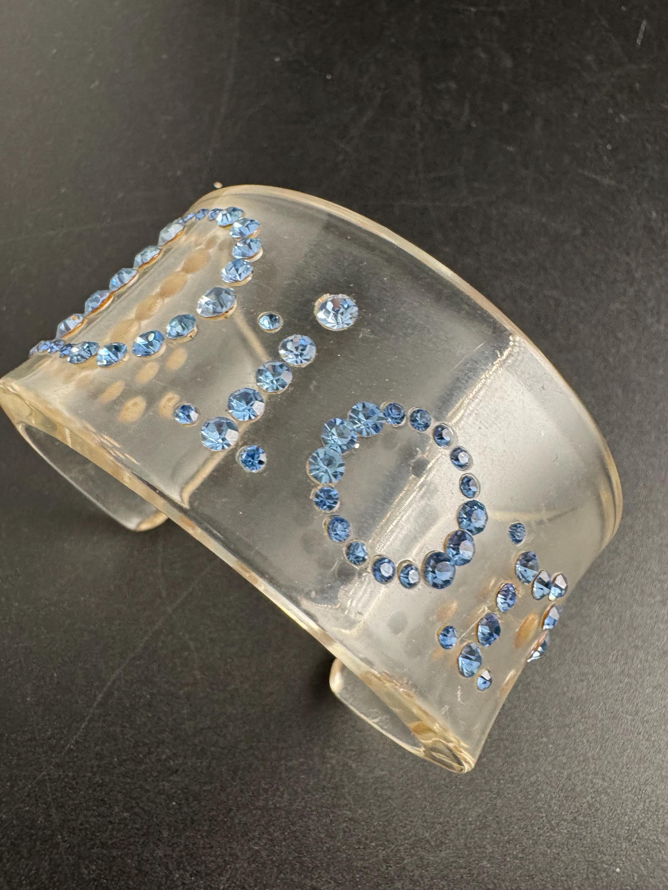Christian Dior blue rhinestone clear acrylic cuff bangle , designer bracelet