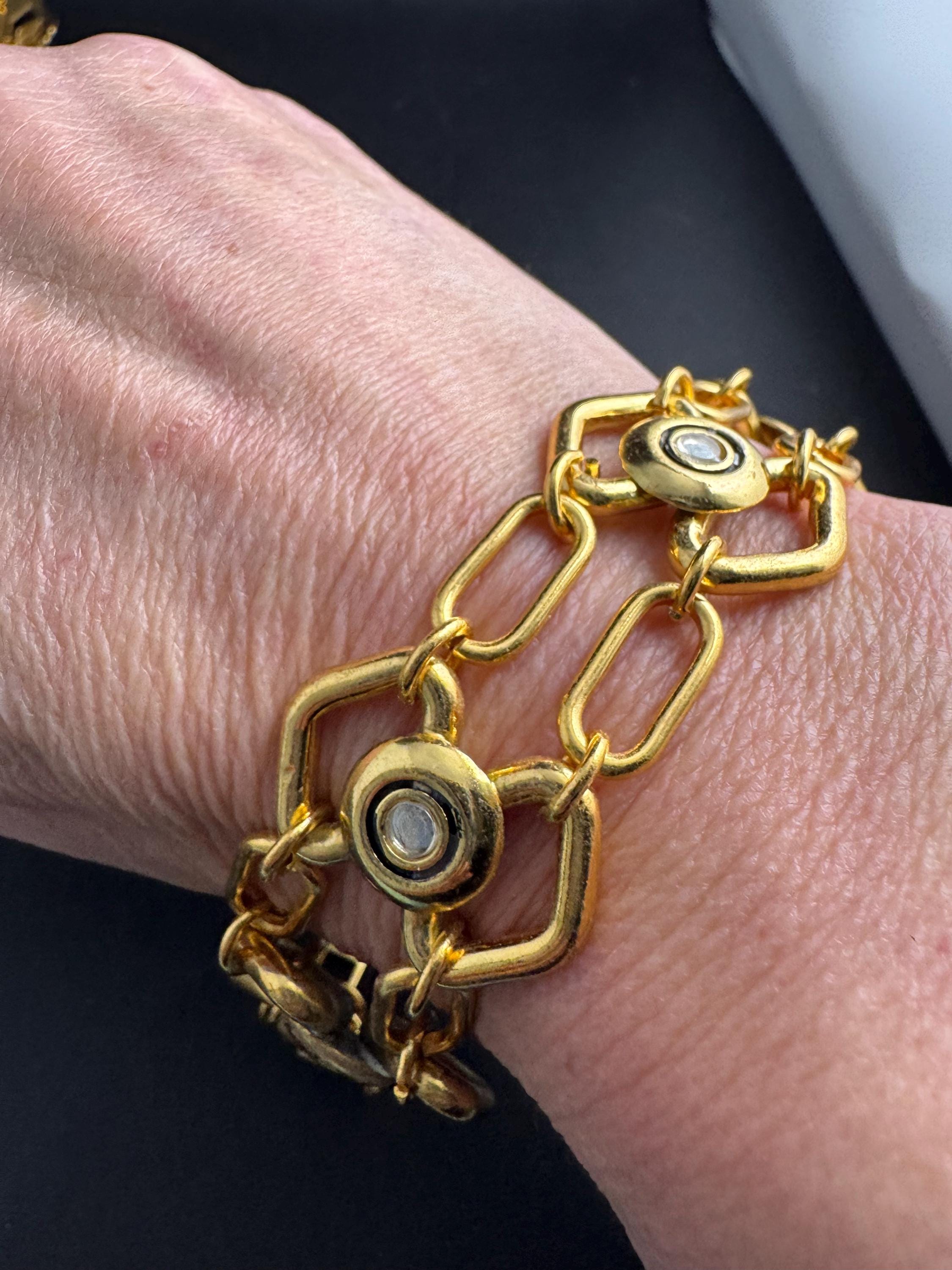 Wide gold geometric chain link bracelet , vintage unused 70s