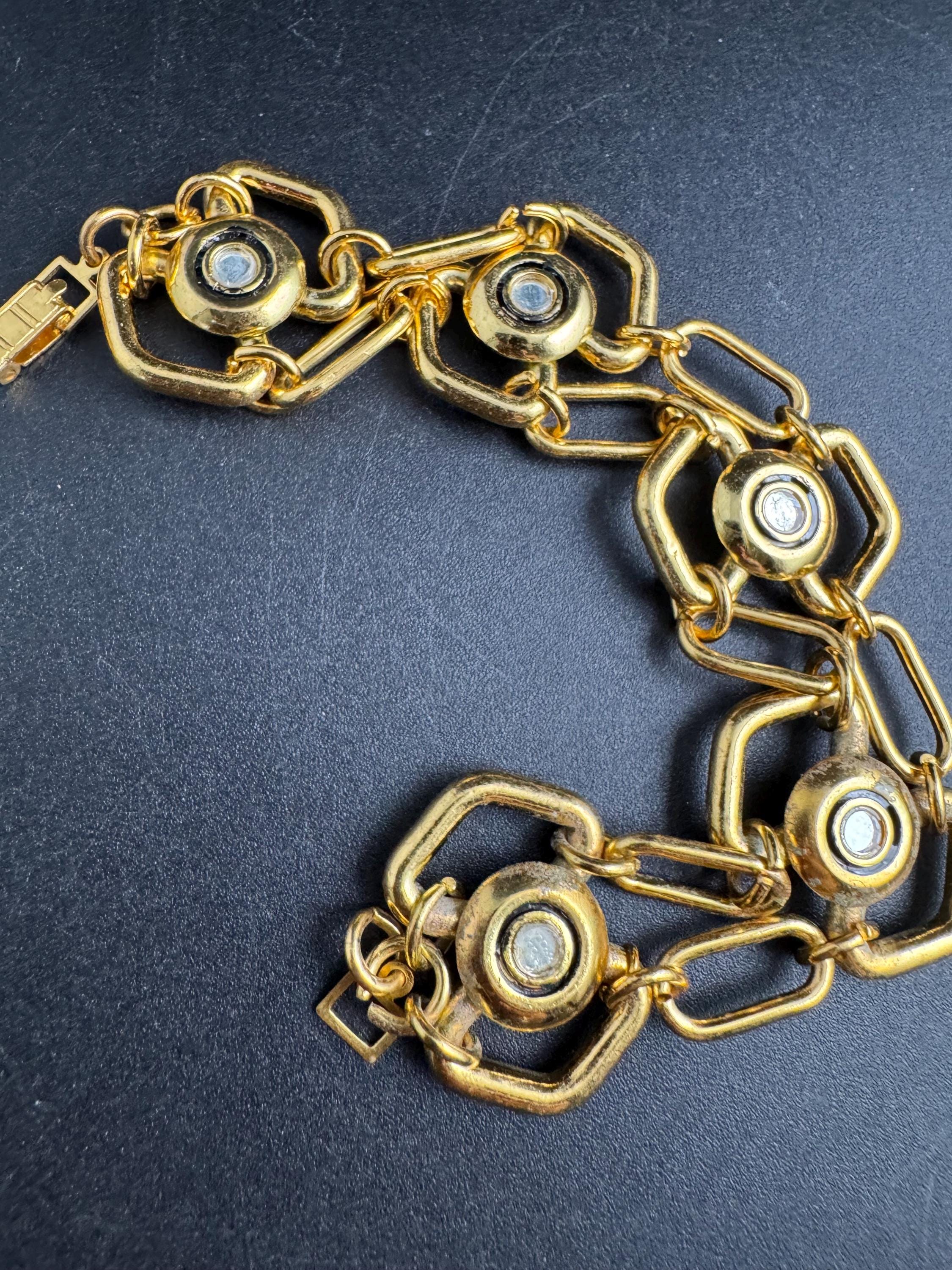 Wide gold geometric chain link bracelet , vintage unused 70s