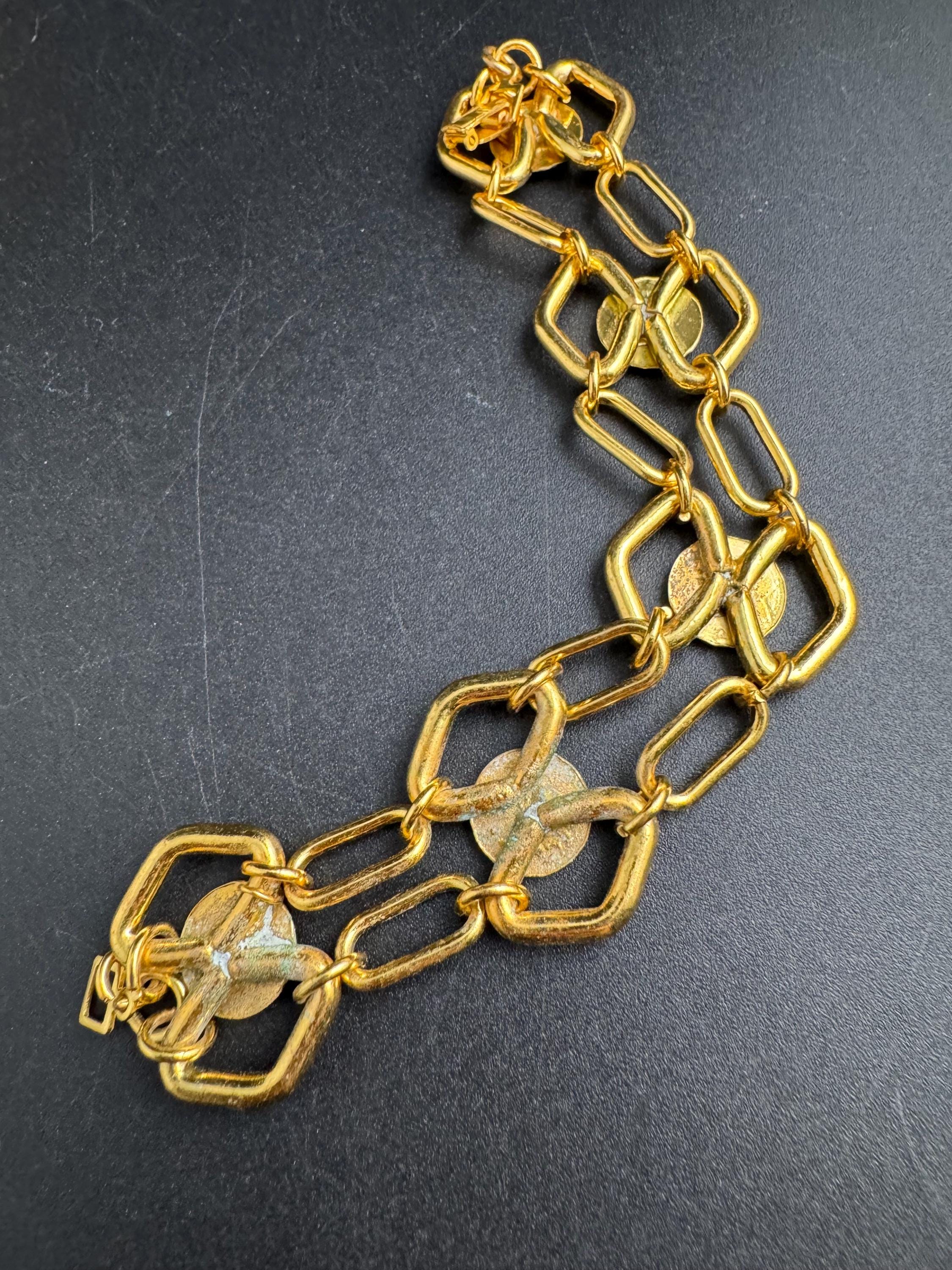 Wide gold geometric chain link bracelet , vintage unused 70s