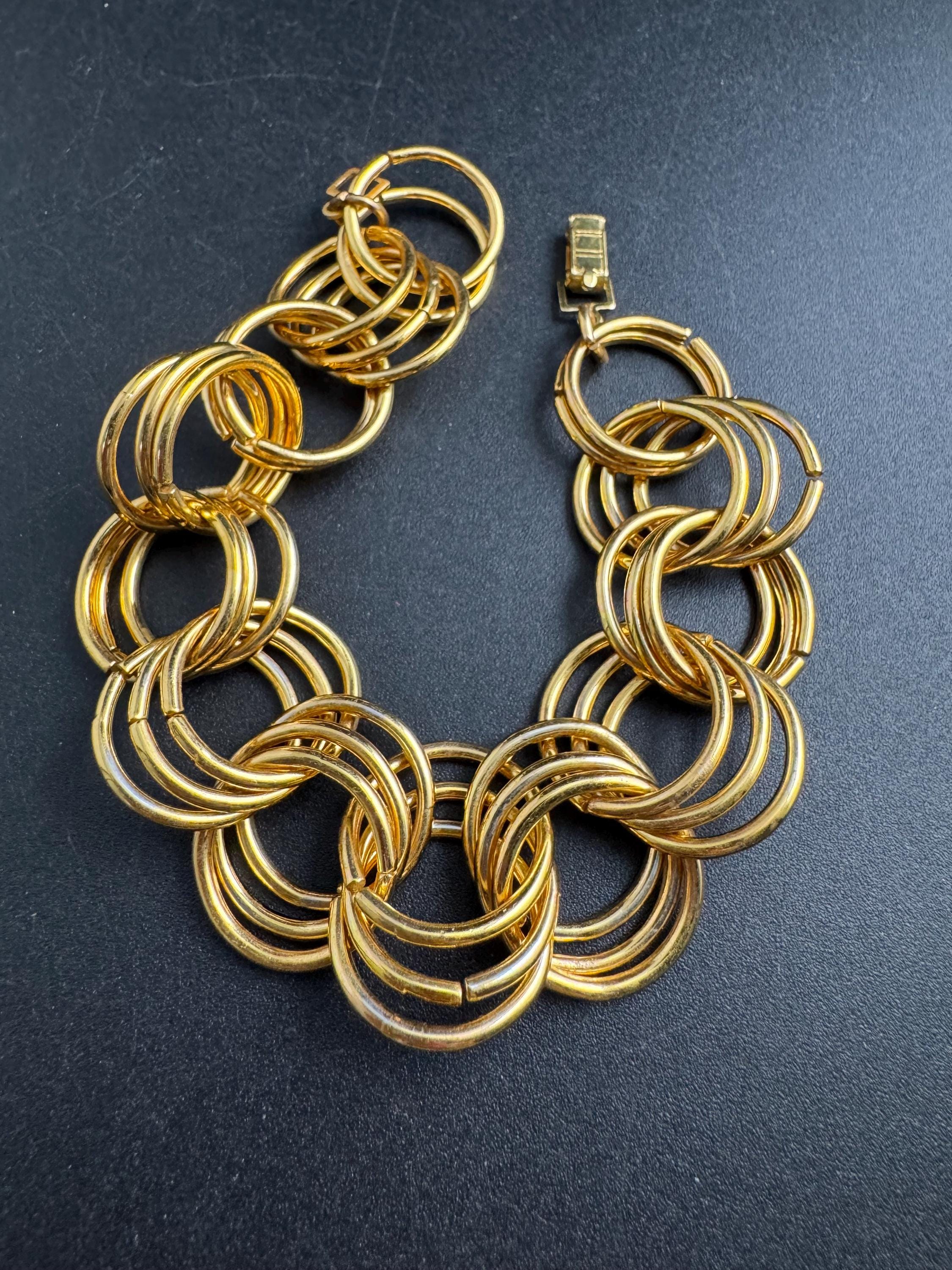 Wide gold curb chain link bracelet , vintage unused 80s