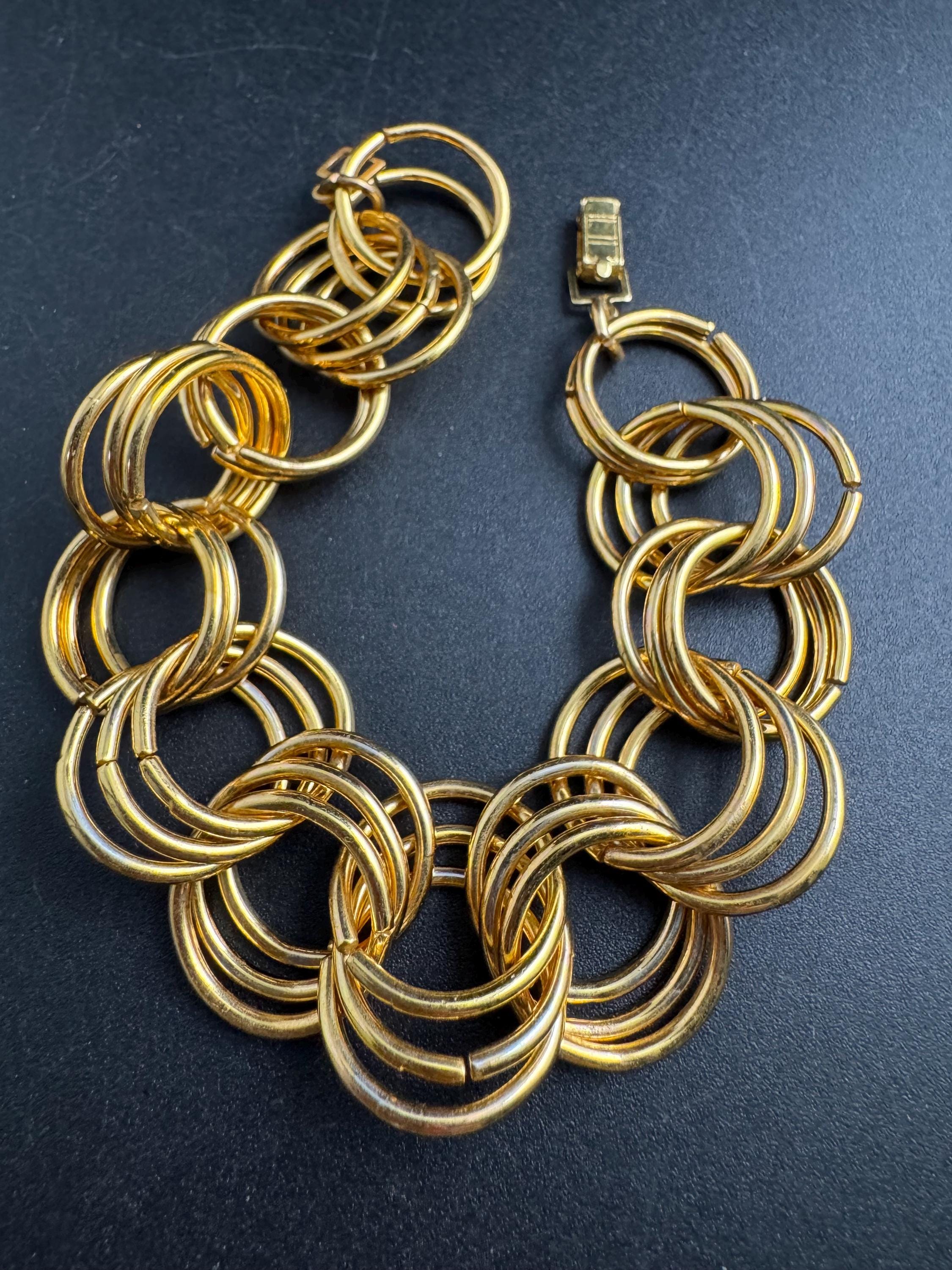 Wide gold curb chain link bracelet , vintage unused 80s