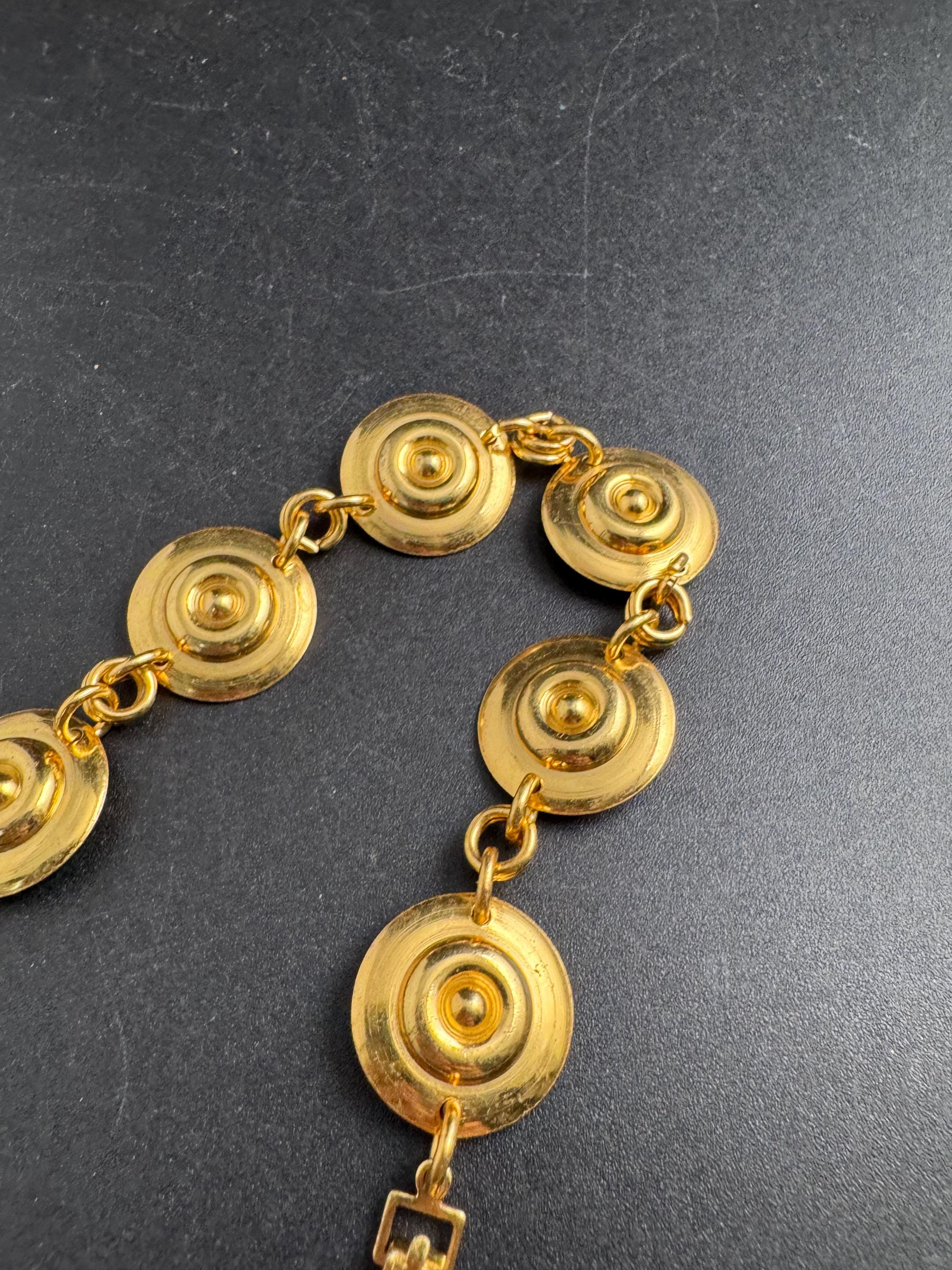 Etruscan gold disc panel link bracelet , vintage unused 1960s
