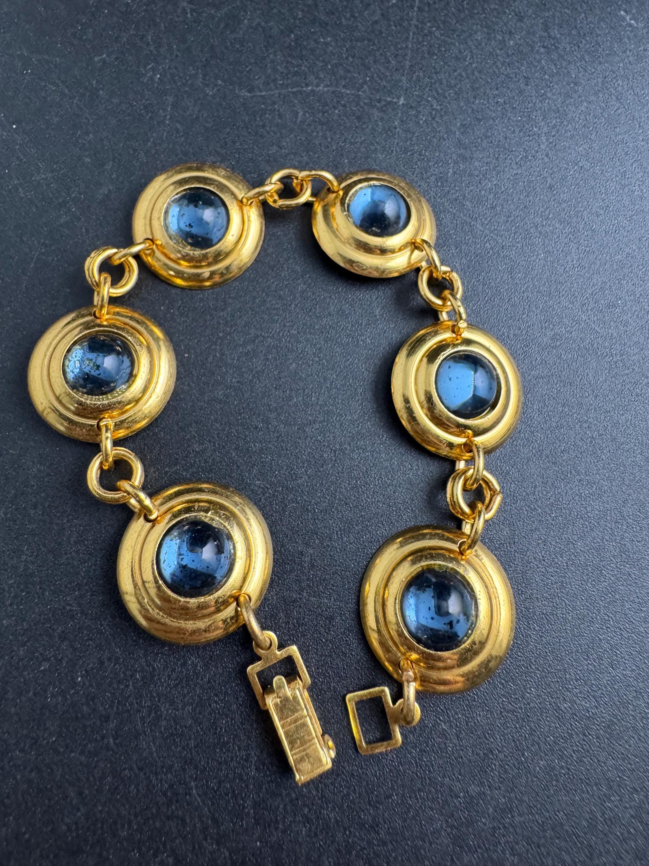 Etruscan sapphire cabochon disc bracelet , blue glass vintage unused 1960s