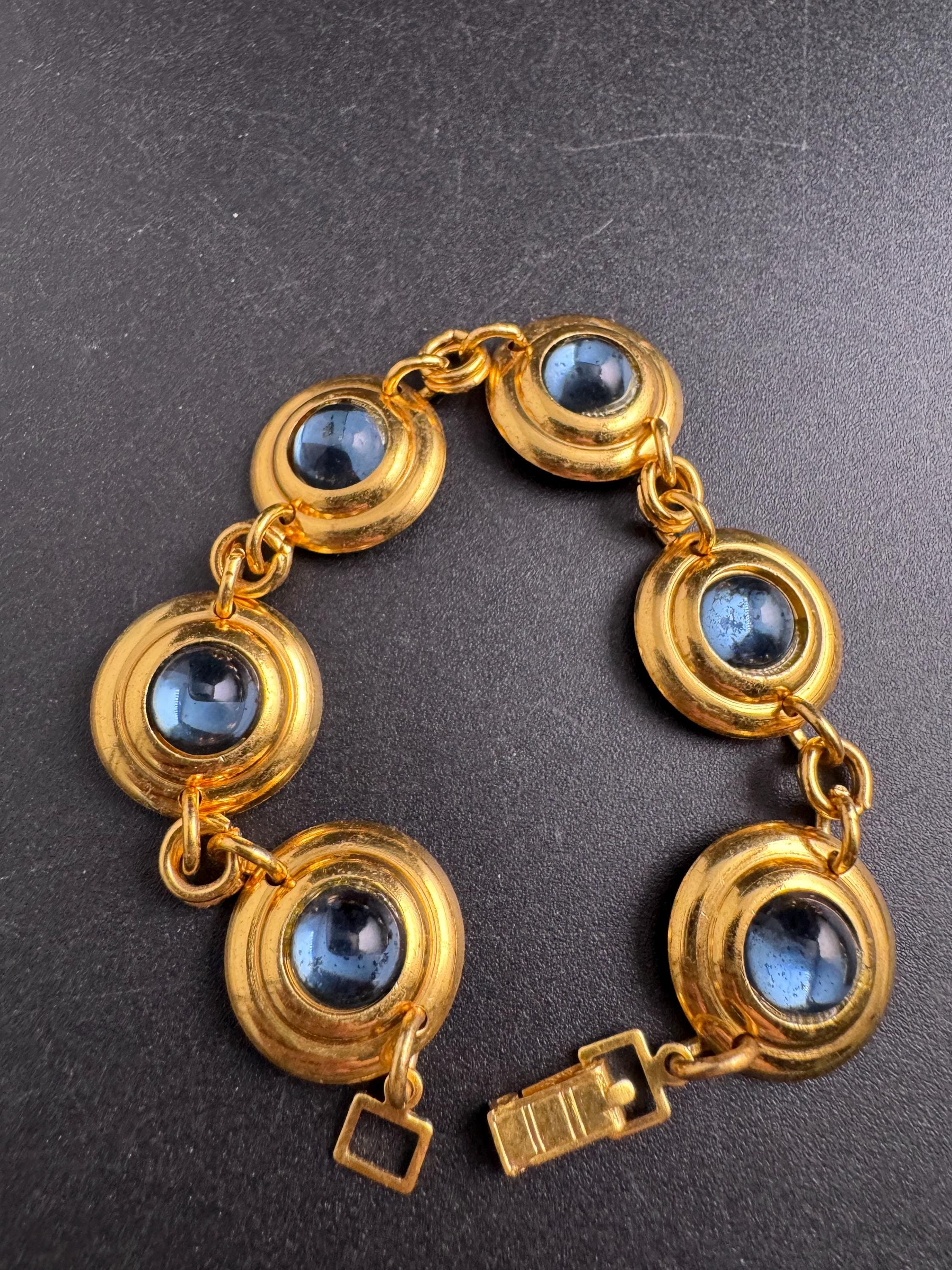 Etruscan sapphire cabochon disc bracelet , blue glass vintage unused 1960s