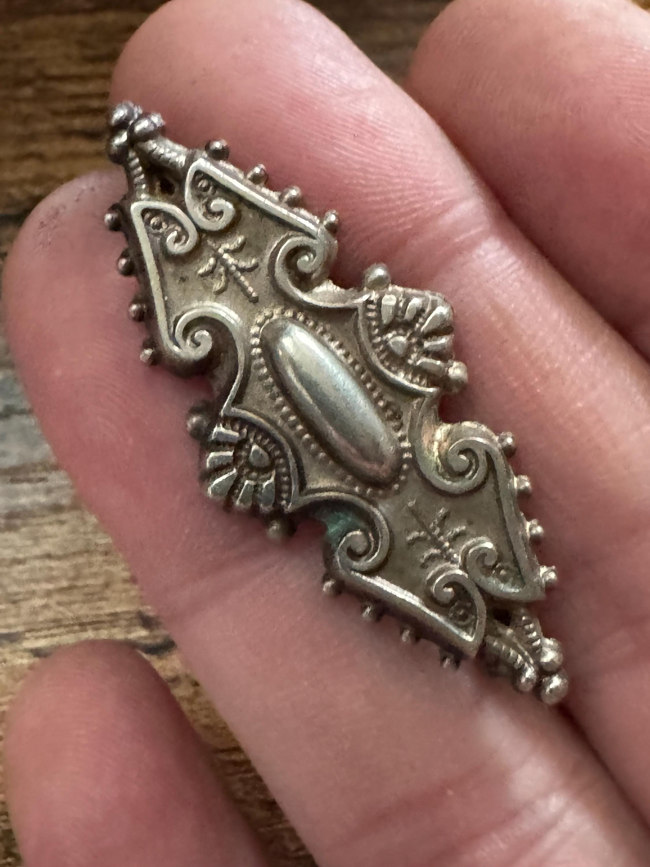 Victorian Etched silver Brooch: Antique sterling silver Pin