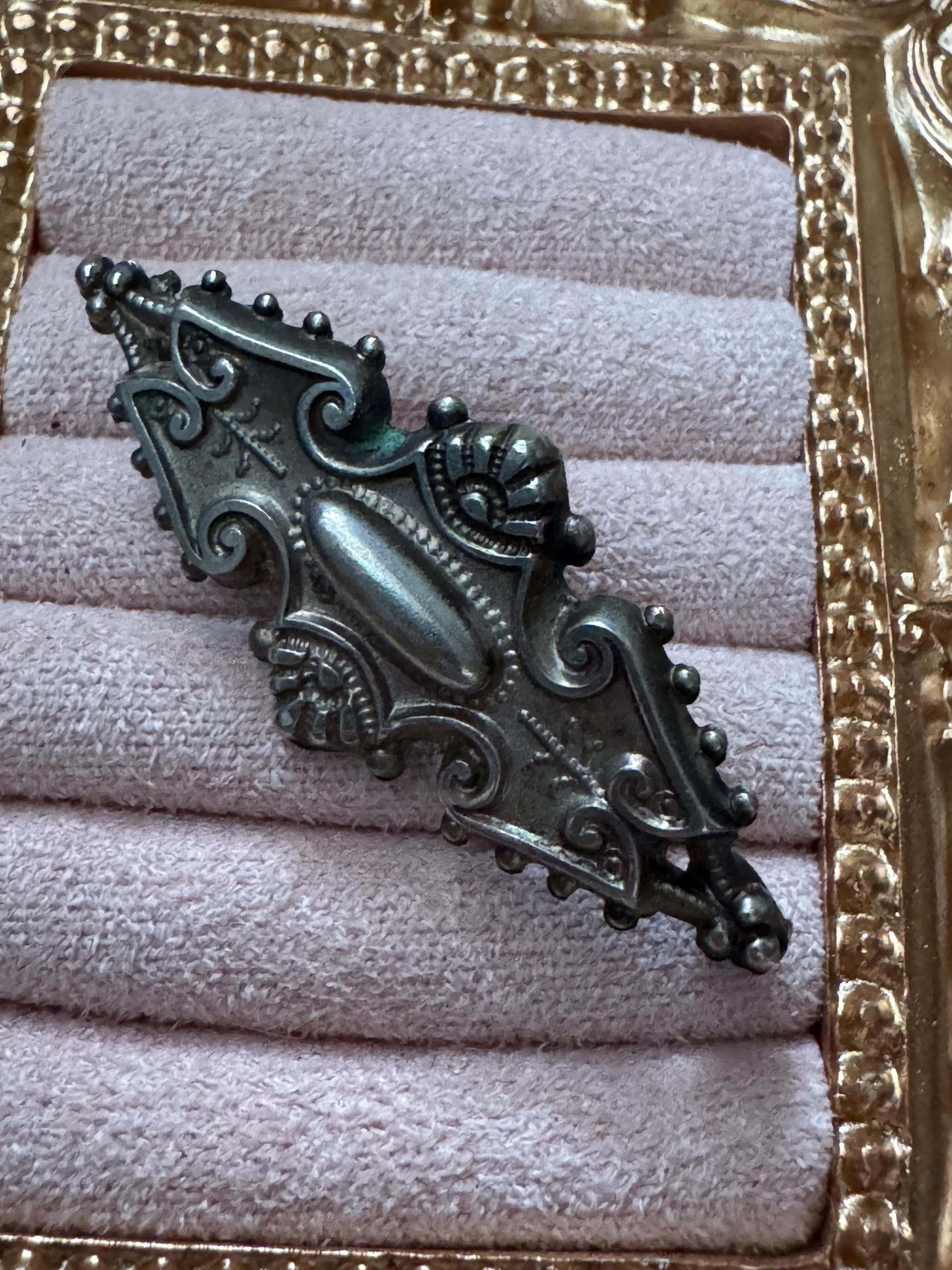 Victorian Etched silver Brooch: Antique sterling silver Pin