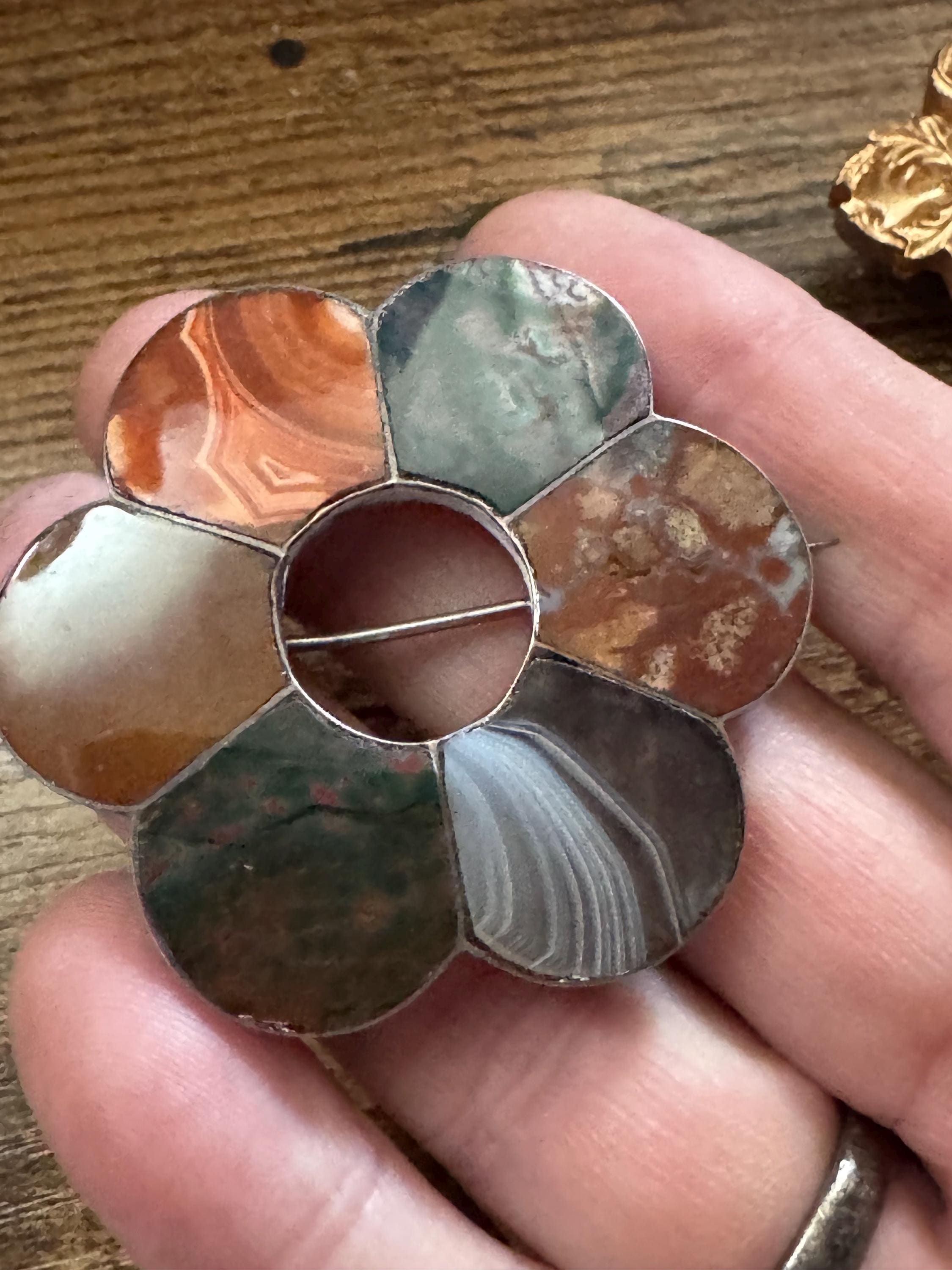 Antique scottish agate brooch , old c clasp sterling silver