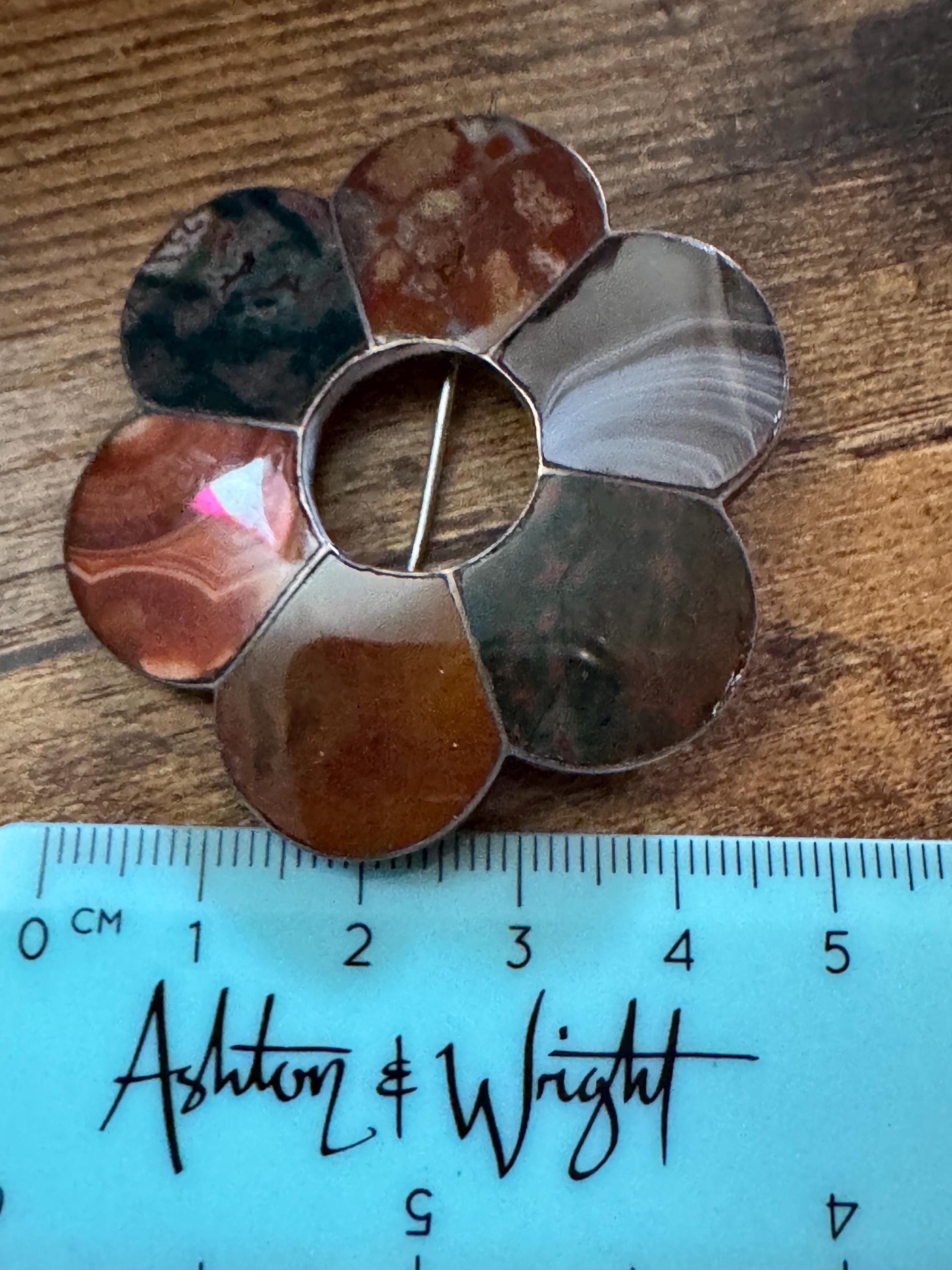 Antique scottish agate brooch , old c clasp sterling silver