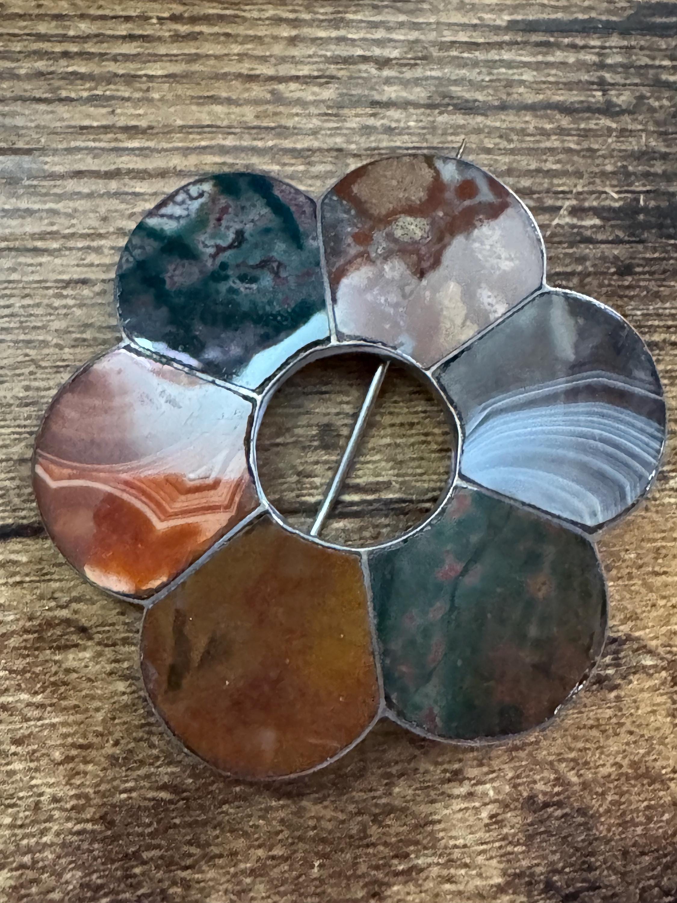 Antique scottish agate brooch , old c clasp sterling silver