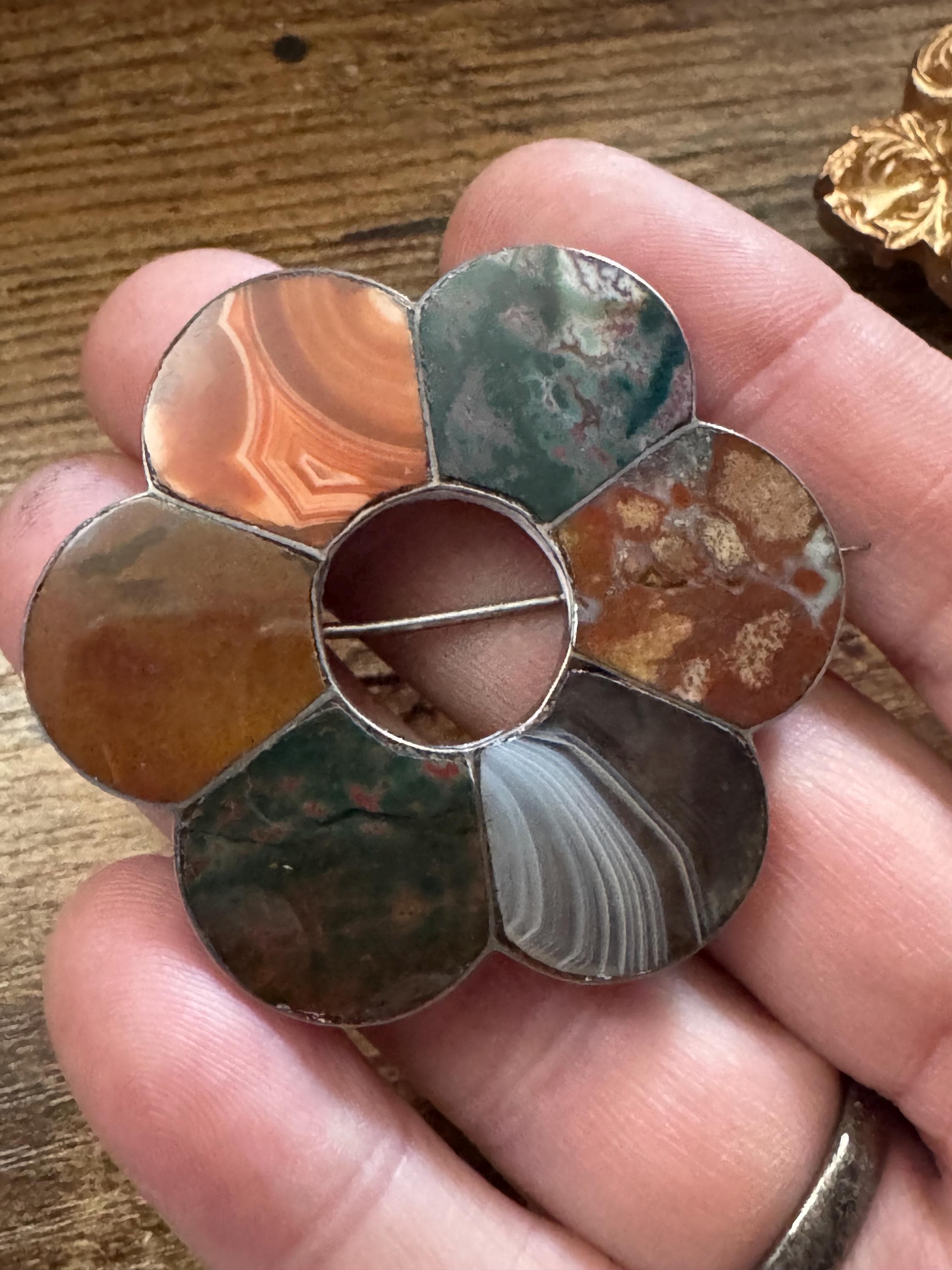 Antique scottish agate brooch , old c clasp sterling silver