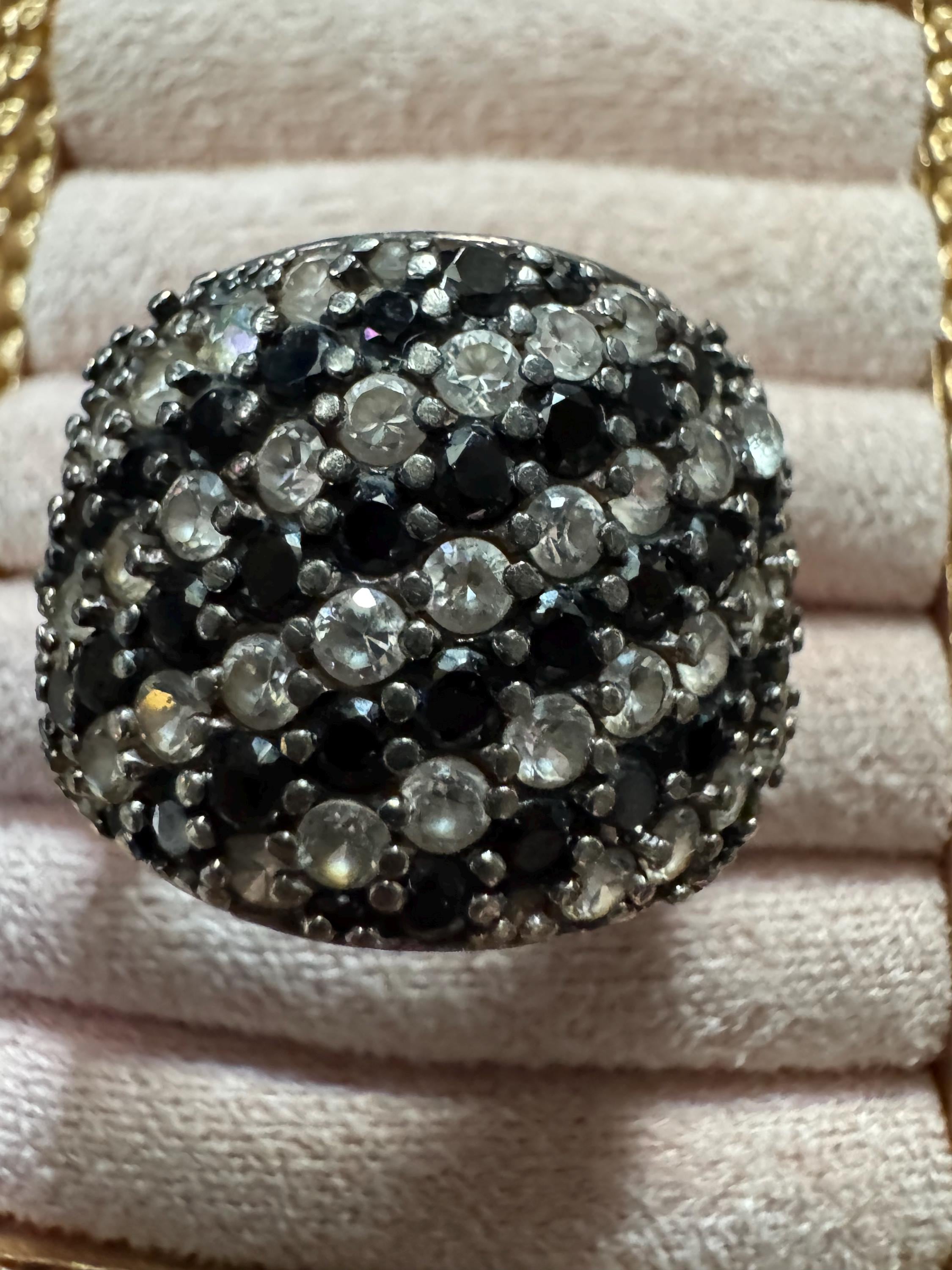 Size O 925 black clear cluster ring, sterling silver rhinestones cocktail dress ring , monochrome
