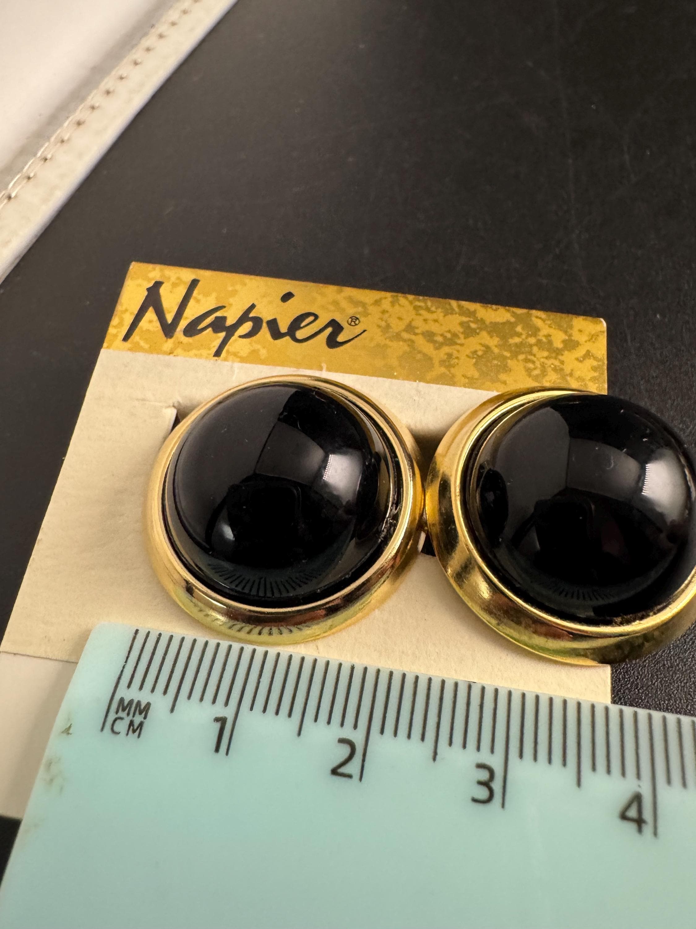Vintage NAPIER black clip on earrings, signed gold plated, designer