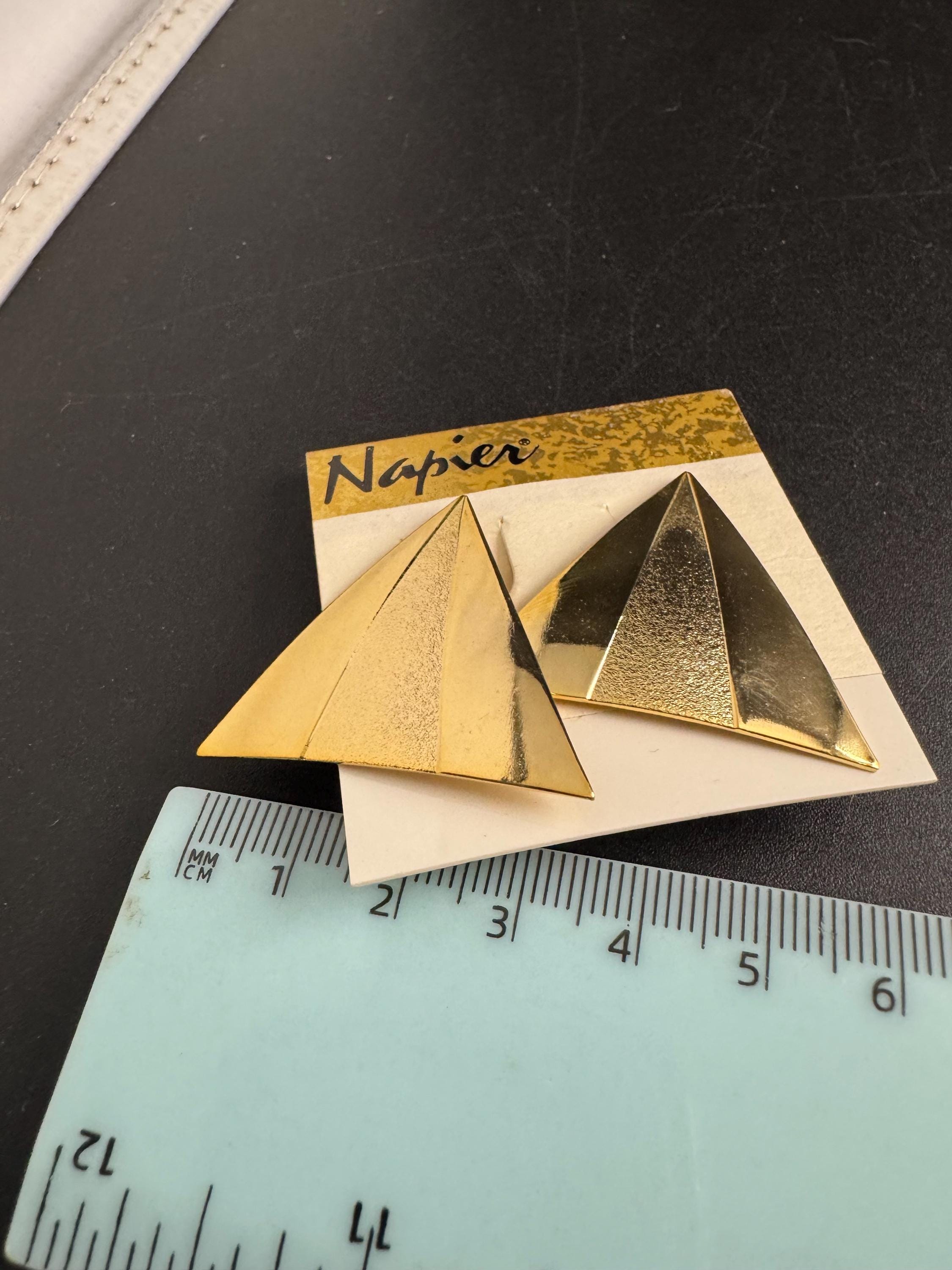 NAPIER triangular clip on earrings, vintage signed 80s geometric gold plated
