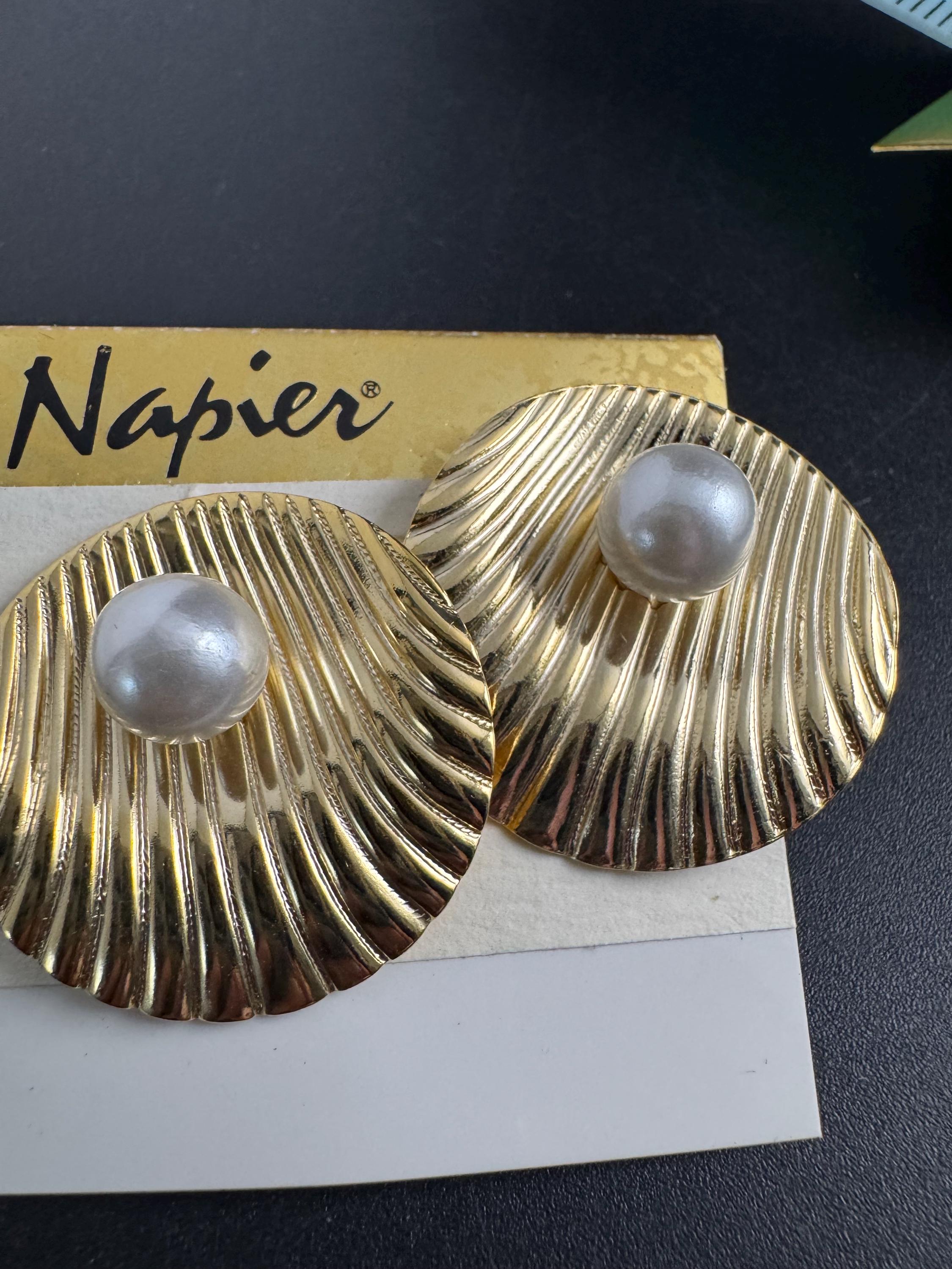 NAPIER pearl clip on earrings, vintage signed 80s seashell gold plated, designer summer jewellery