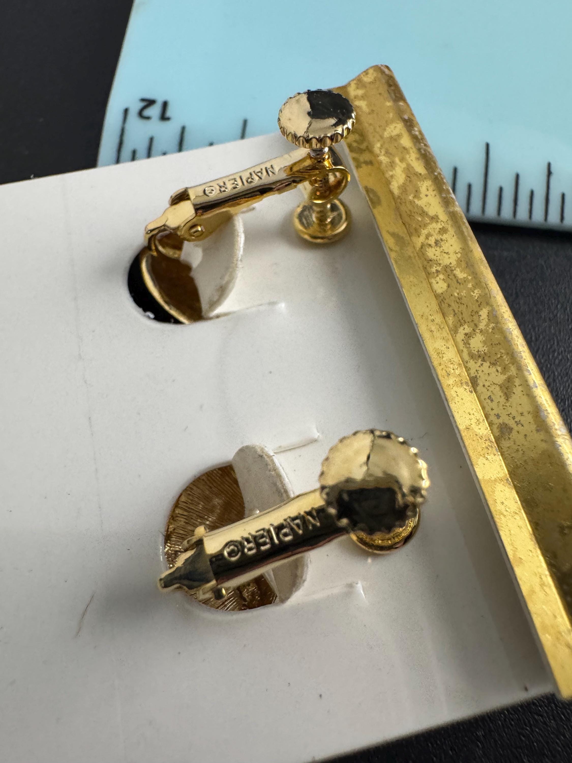 NAPIER round clip on earrings, vintage signed 80s two tone buttons gold plated