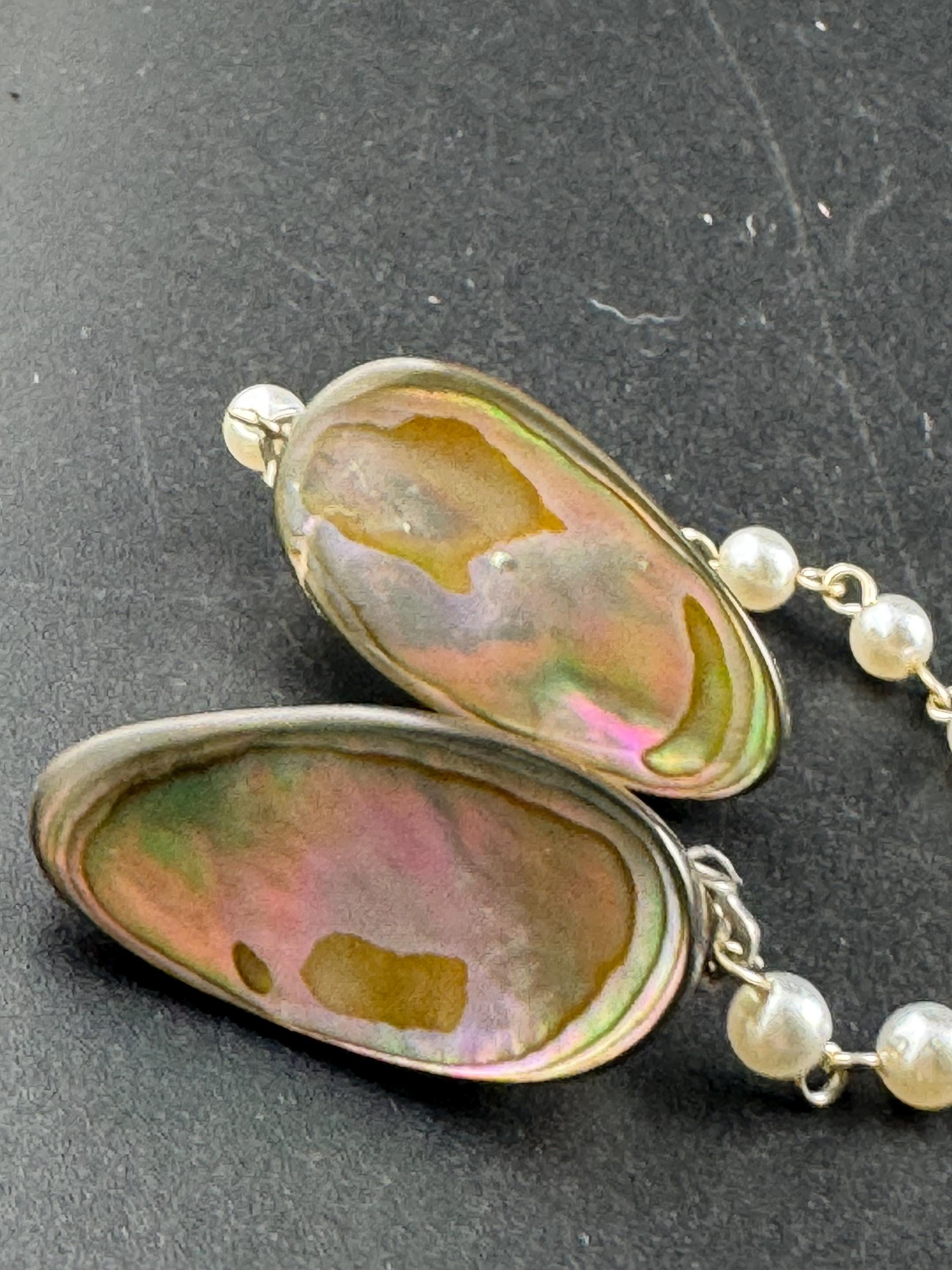 vintage abalone shell sweater guards, pearl and chain cloak clips gold tone