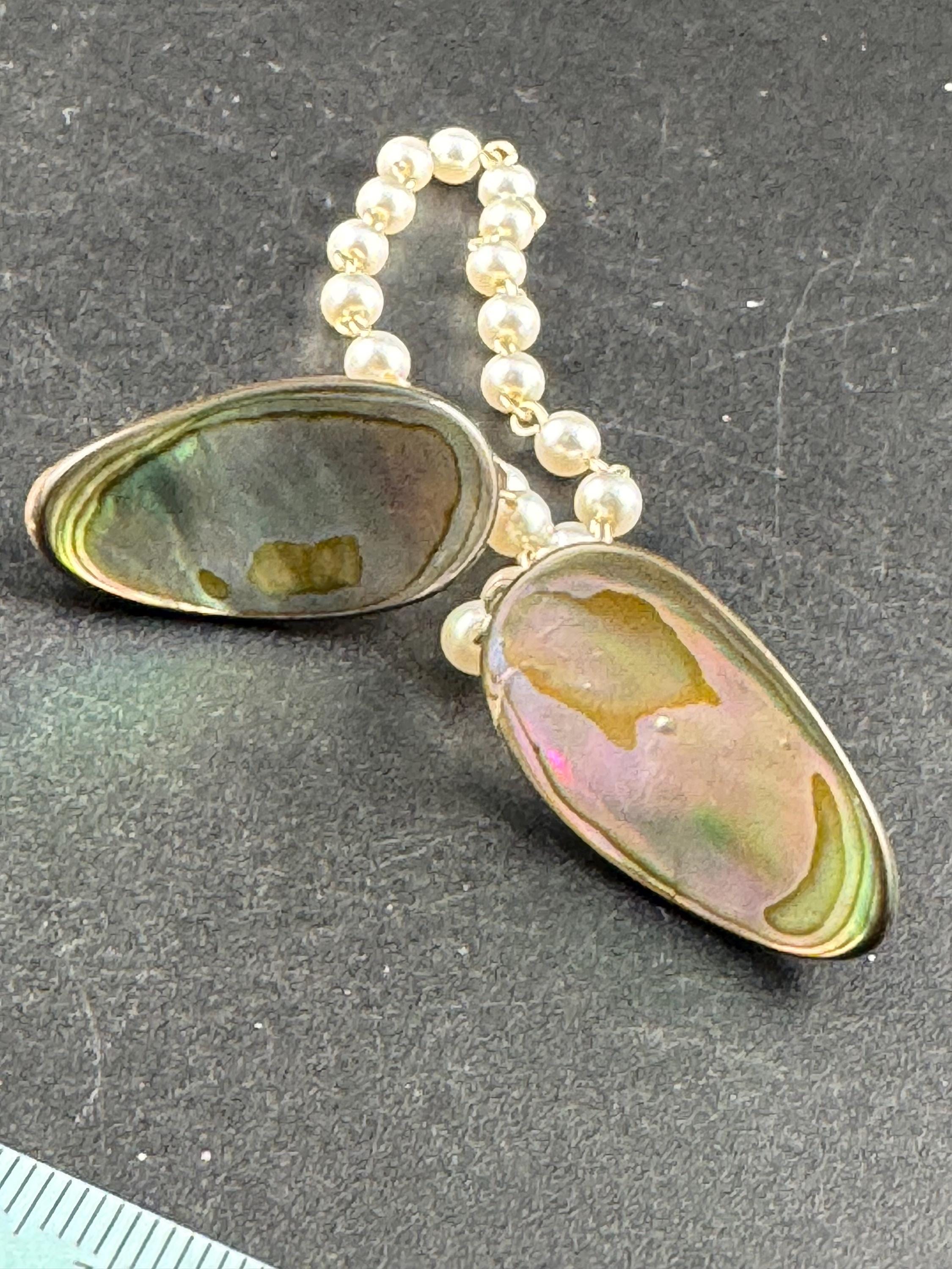 vintage abalone shell sweater guards, pearl and chain cloak clips gold tone