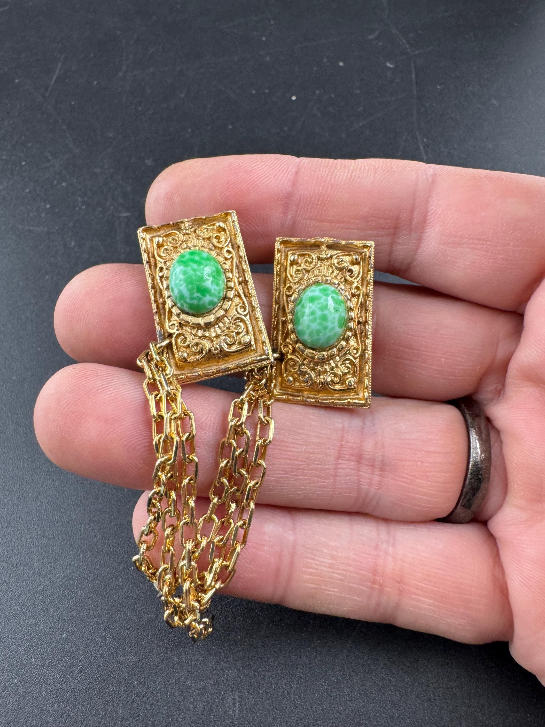 vintage peking glass double brooch, gold tone green cloak clips sweater guards