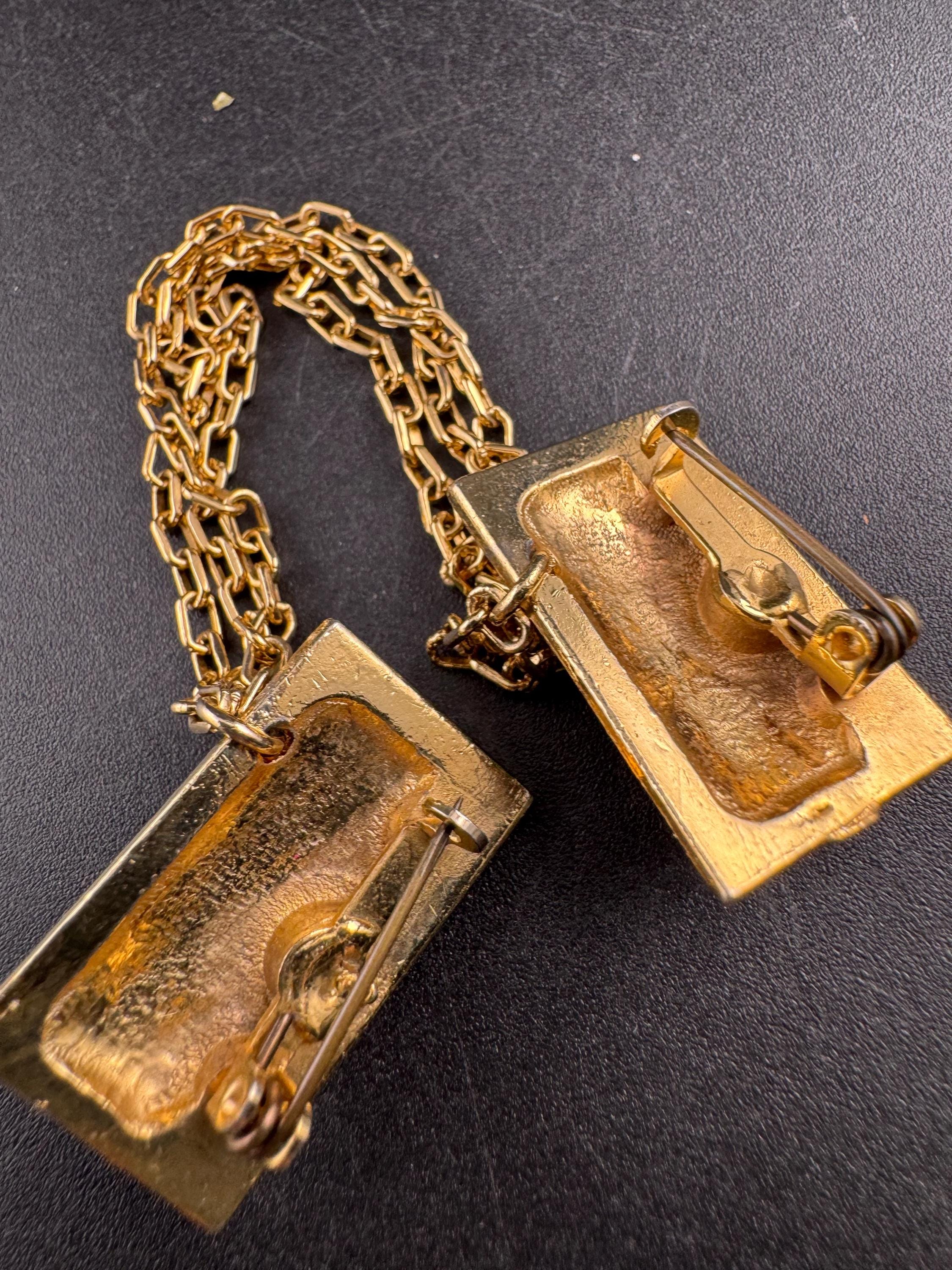 vintage peking glass double brooch, gold tone green cloak clips sweater guards