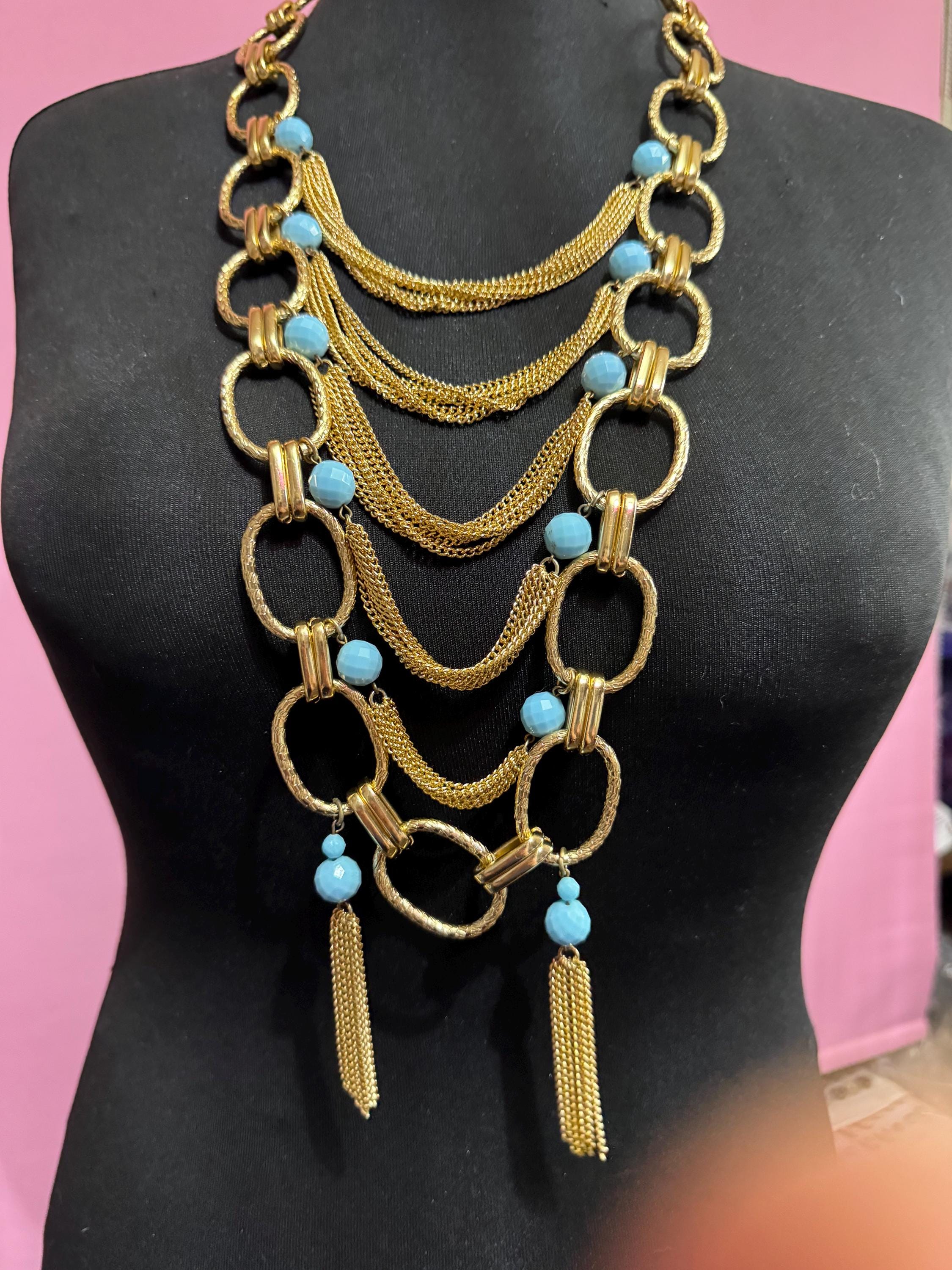 Gold and turquoise bib choker, 1960s statement oversized necklace
