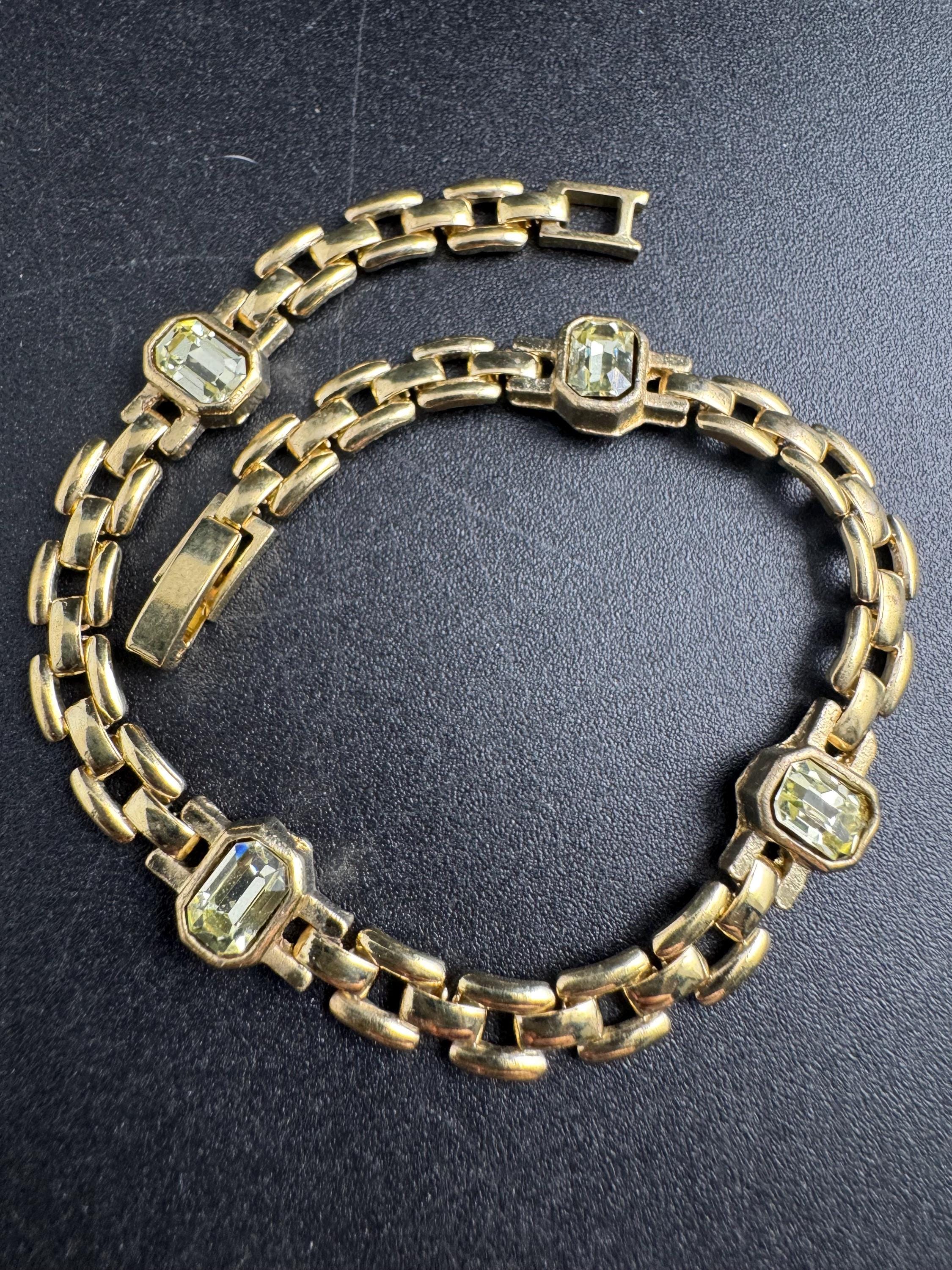 Slim Panther link rhinestone bracelet, yellow citrine octagon Swarovski crystals gold plated