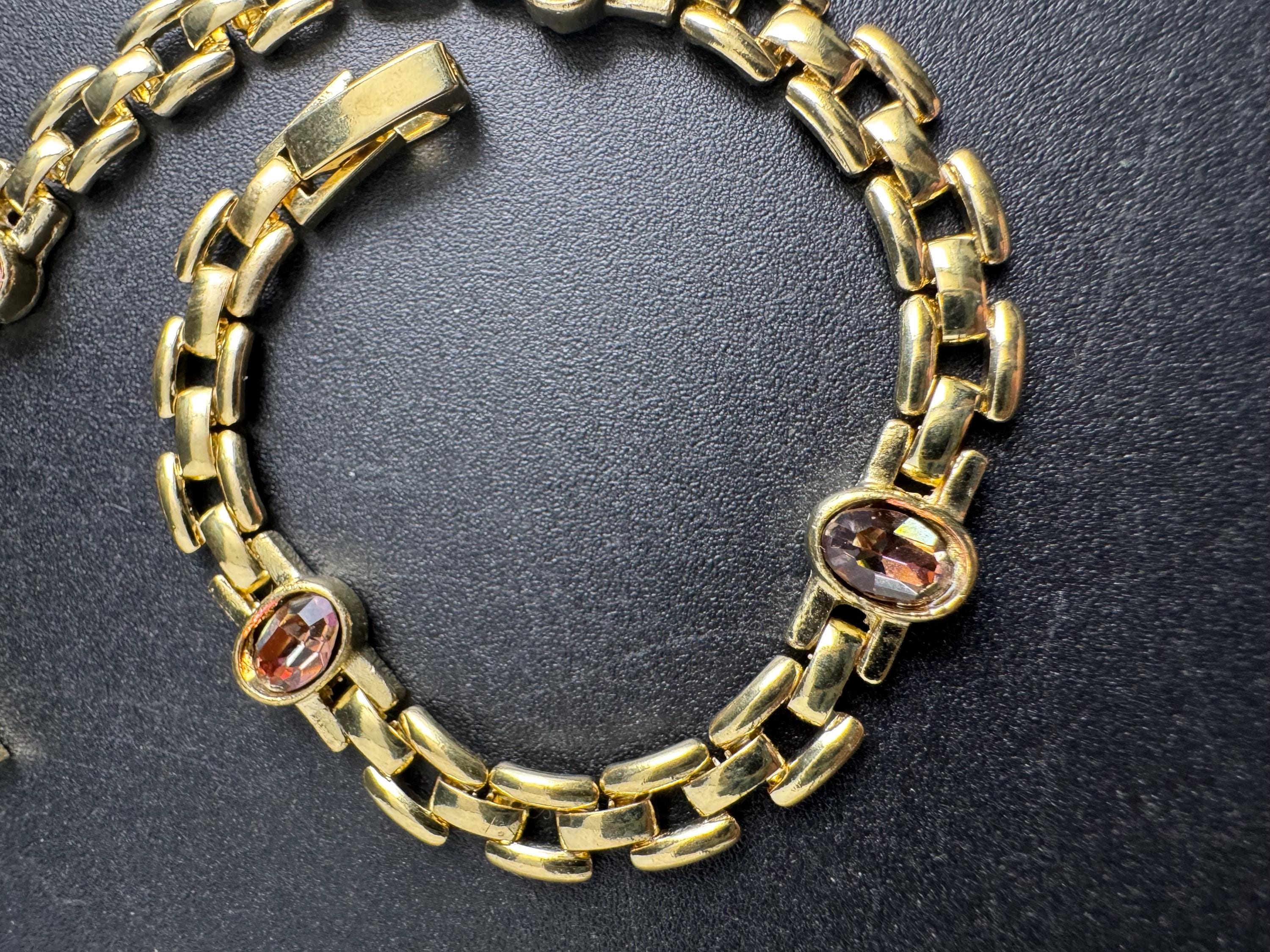 Slim Panther link rhinestone bracelet, topaz oval cabochon crystals gold plated