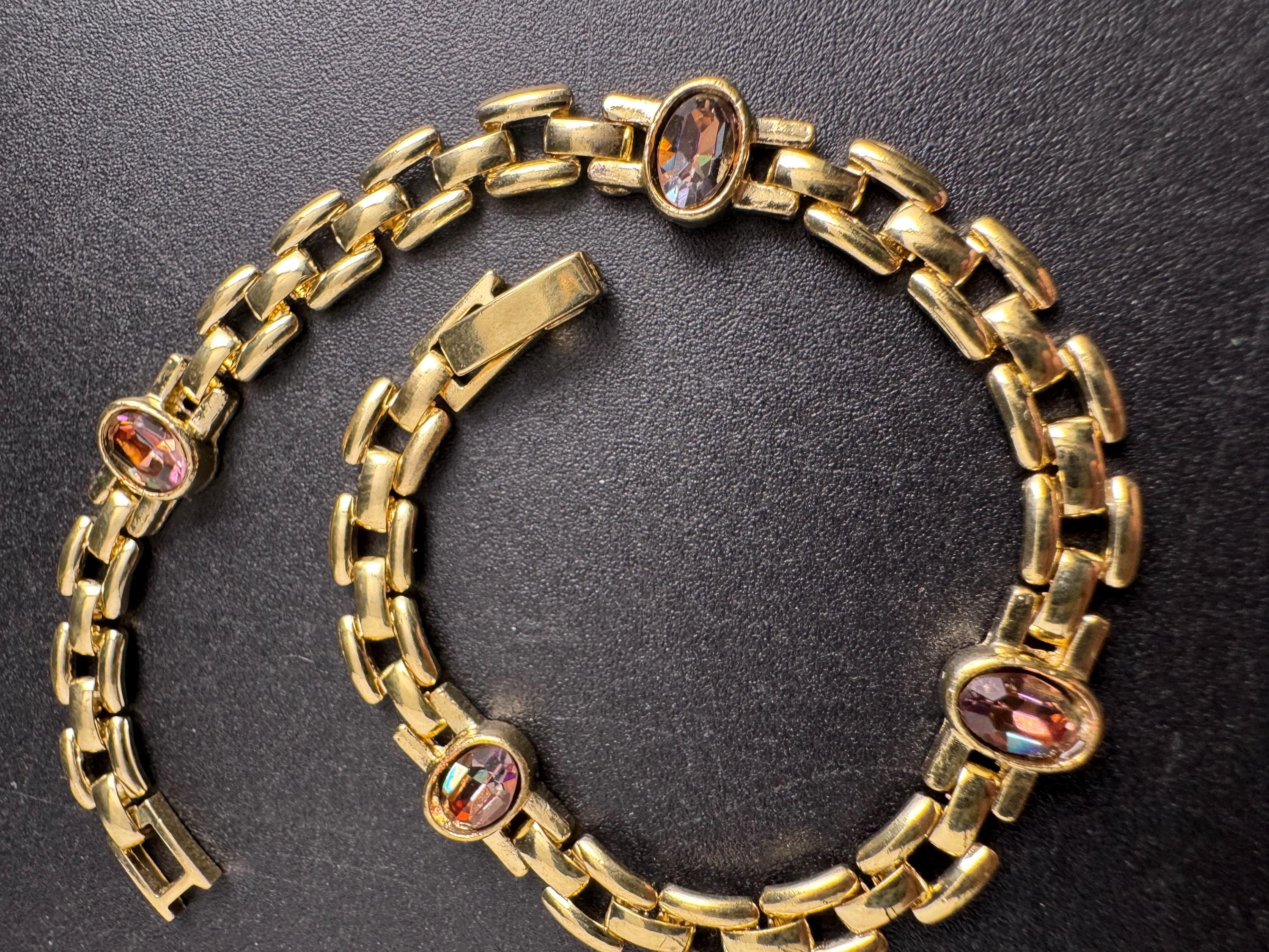 Slim Panther link rhinestone bracelet, topaz oval cabochon crystals gold plated