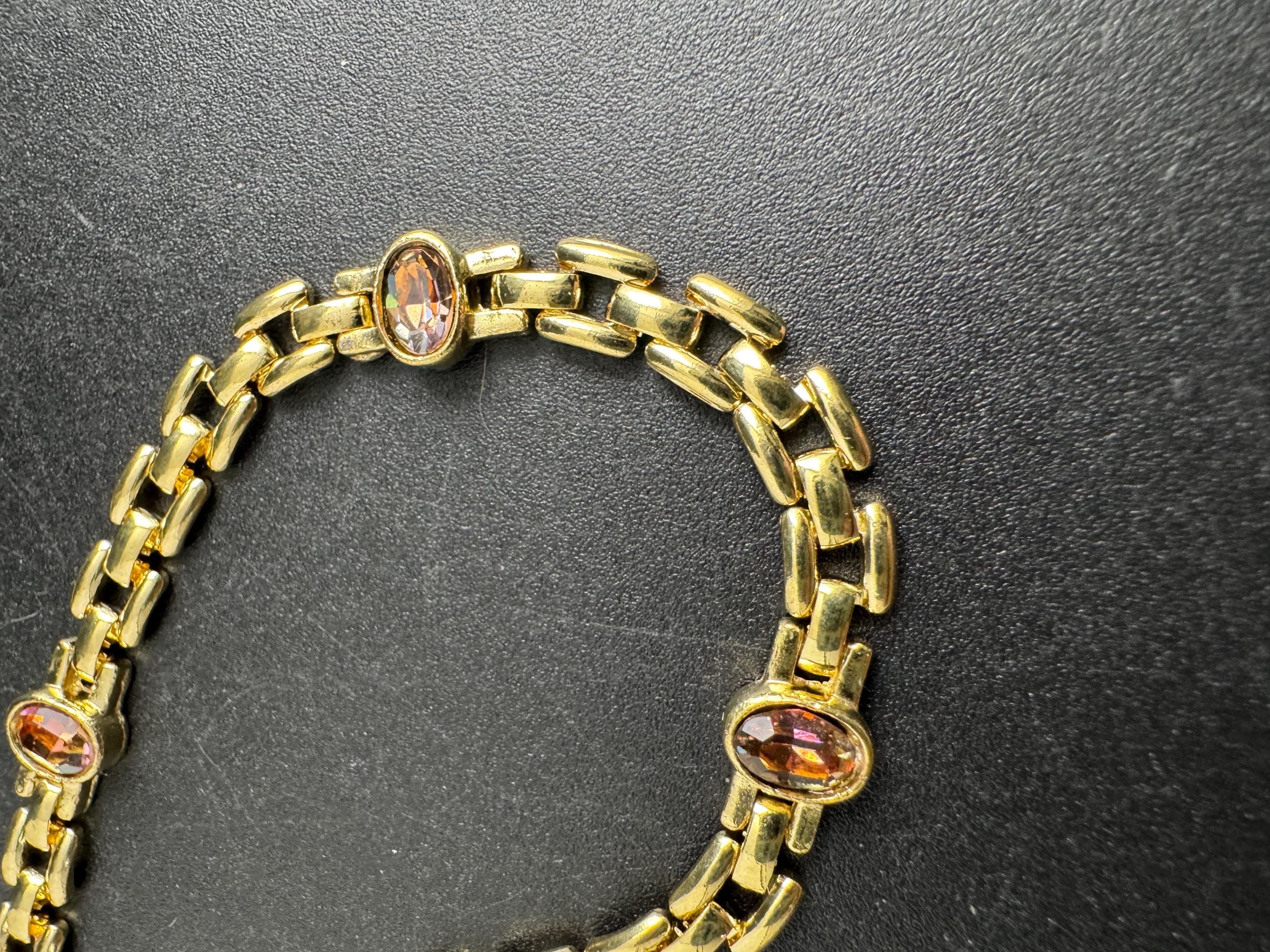 Slim Panther link rhinestone bracelet, topaz oval cabochon crystals gold plated