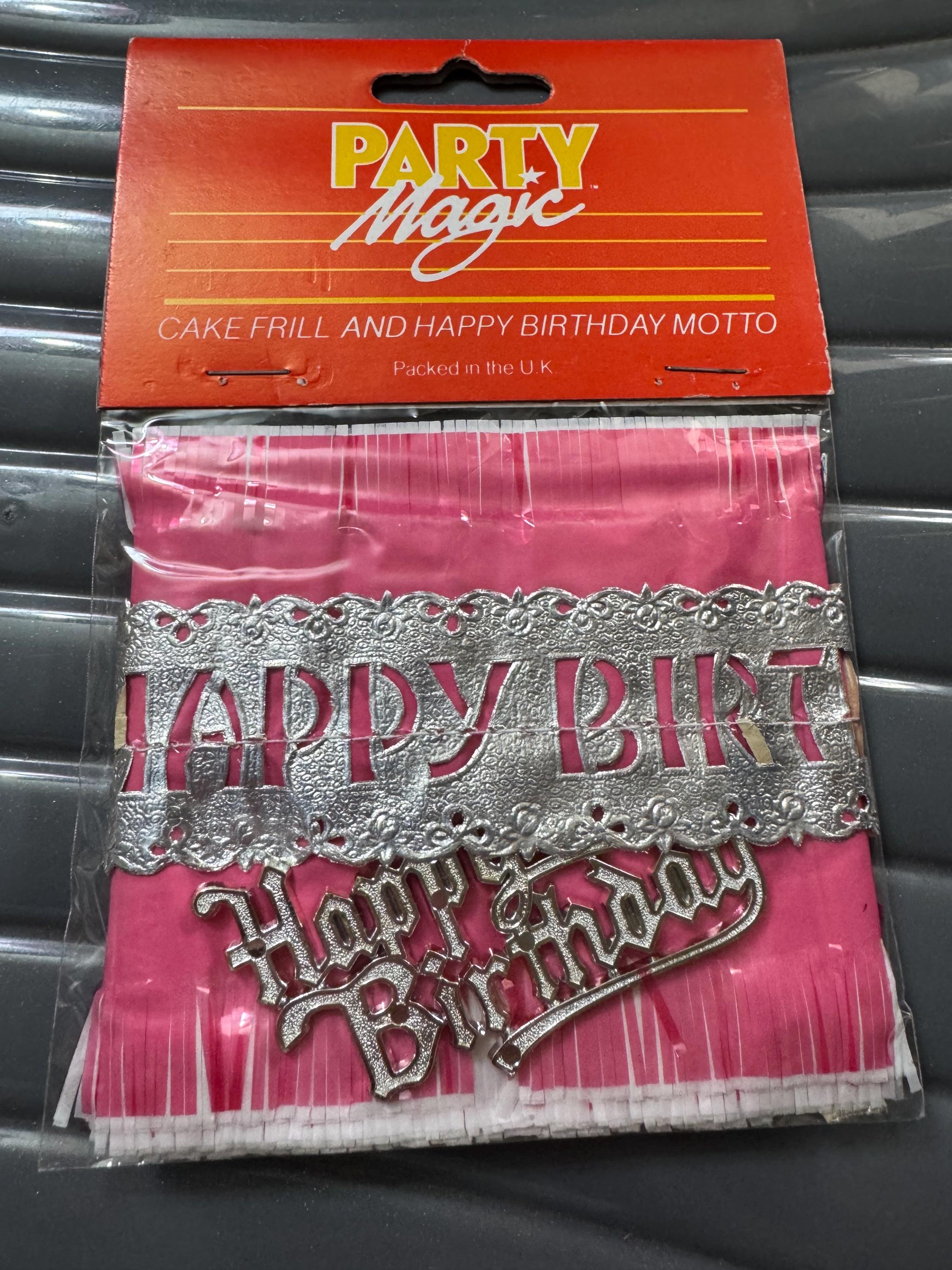 Vintage Bubblegum Pink Cake Frill and Silver Happy Birthday Topper