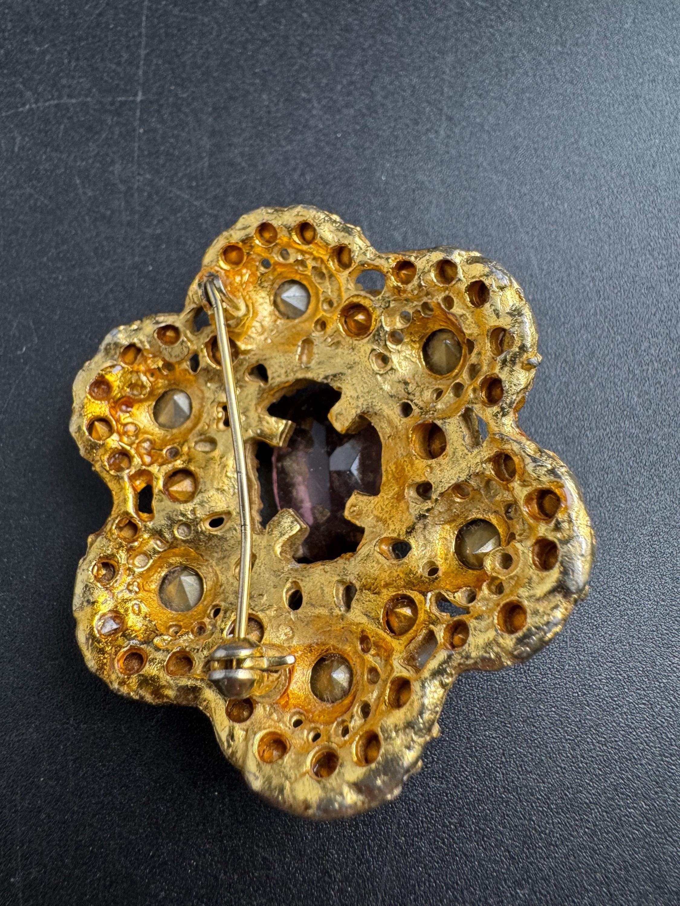 ab amethyst Rhinestone Brooch, Vintage large 5cm domed Aurora borealis